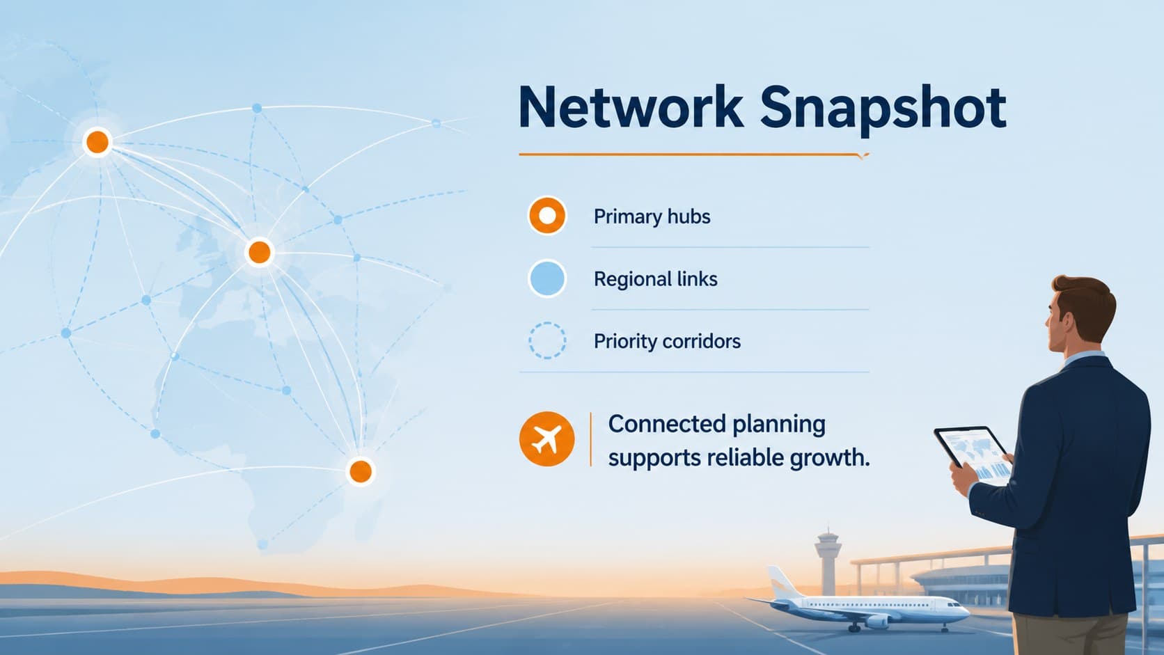 Aviation network overview slide showing connected destinations and operating priorities.