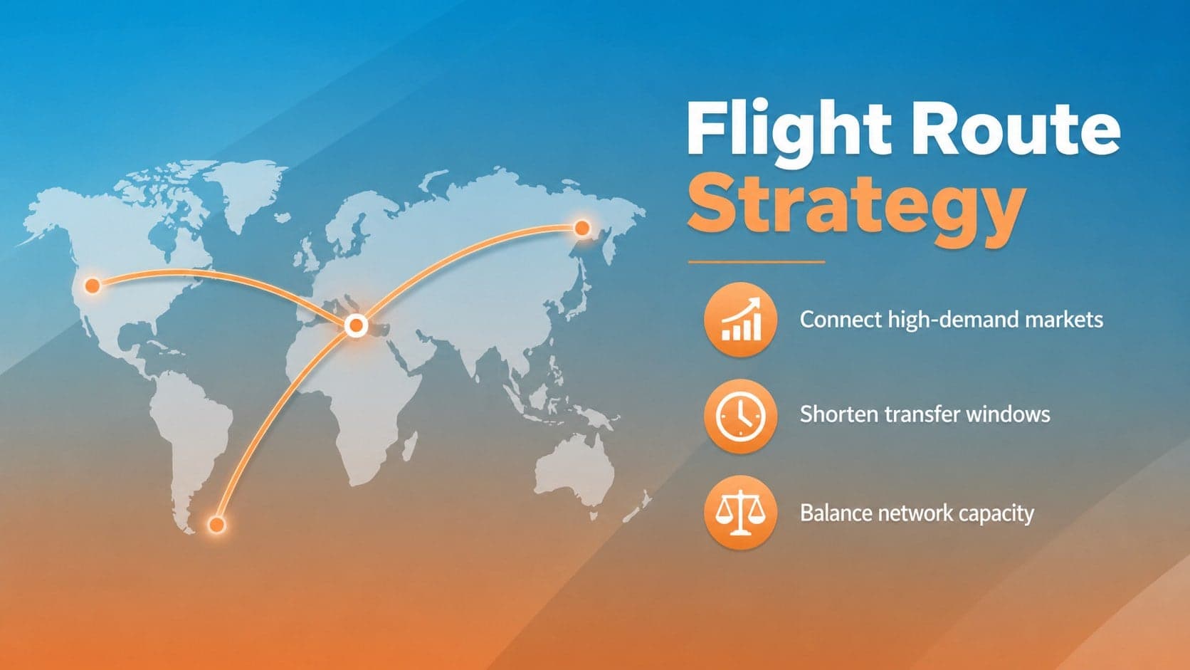 Flight route strategy slide with a blue map-style diagram and orange priority markers.