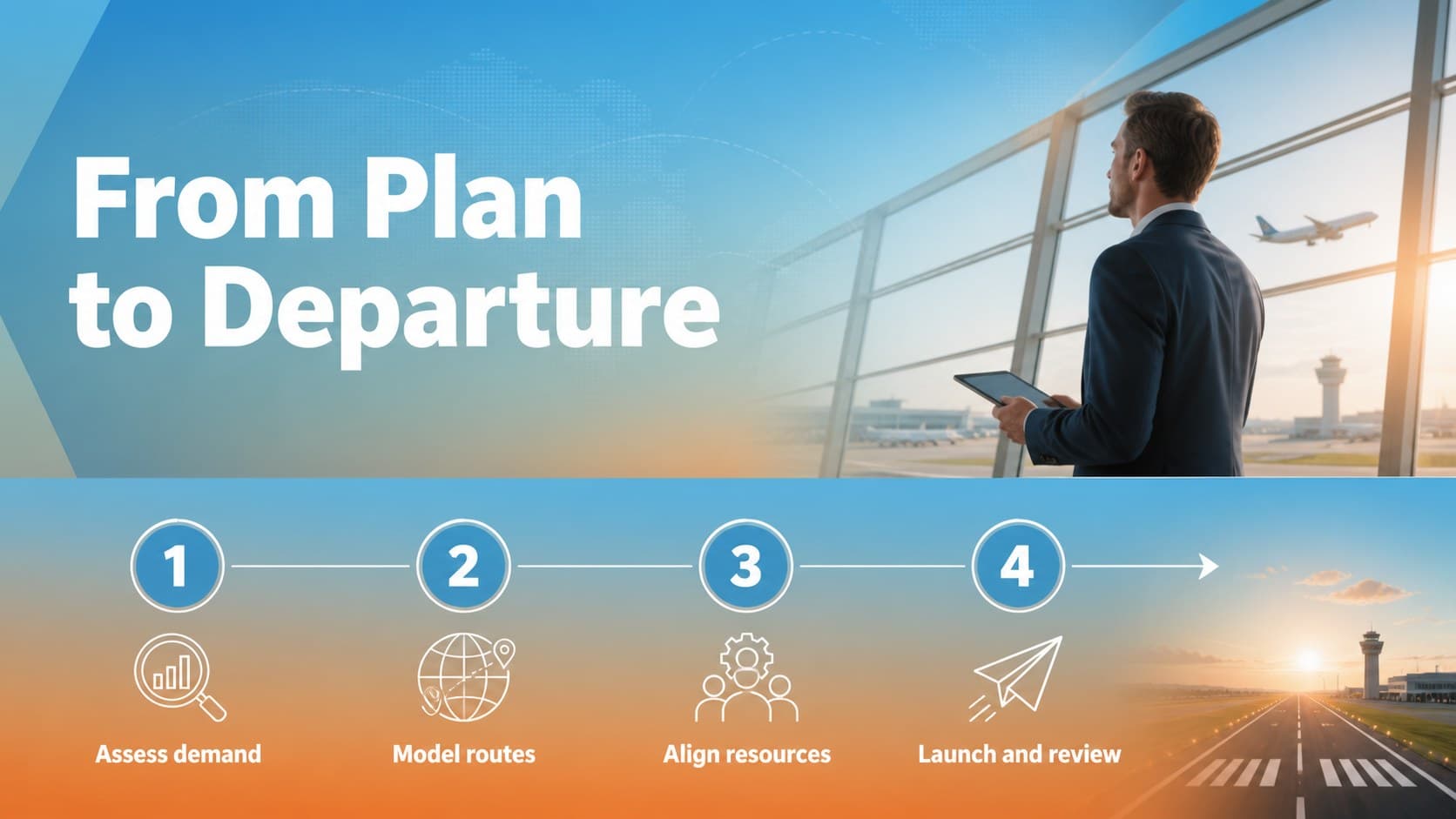 Aviation operations process slide showing route review steps from planning to launch.
