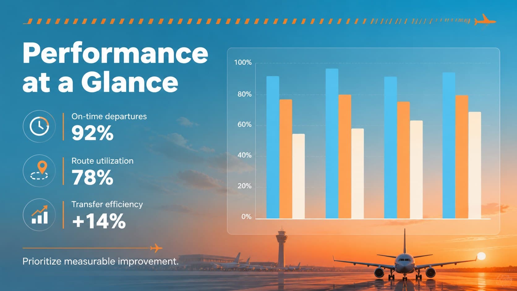 Route optimization presentation slide with a bar chart and key aviation performance metrics.