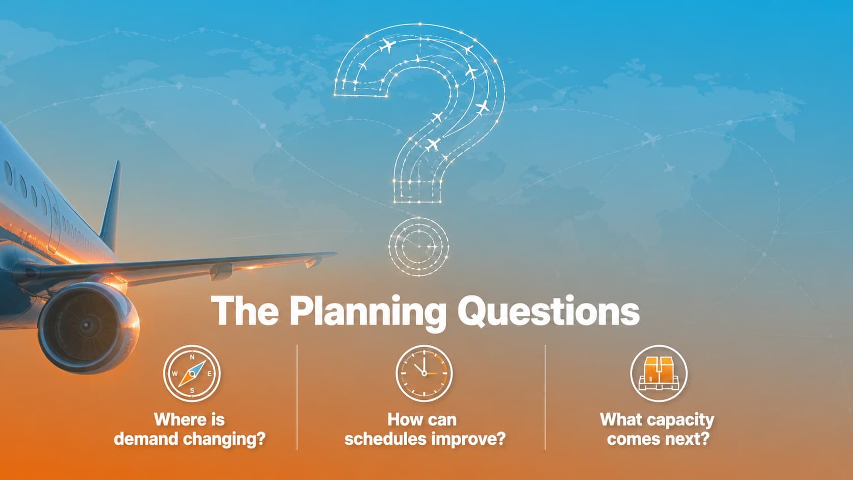 Logistics aviation briefing slide organizing route decisions around three planning questions.