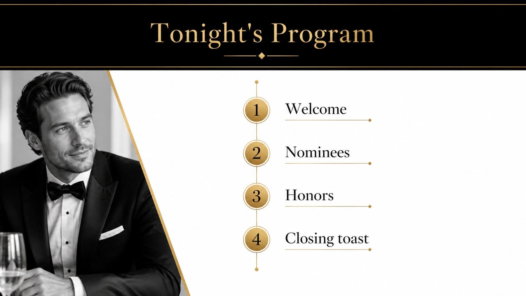 Formal agenda slide outlining the sequence of an award night ceremony.