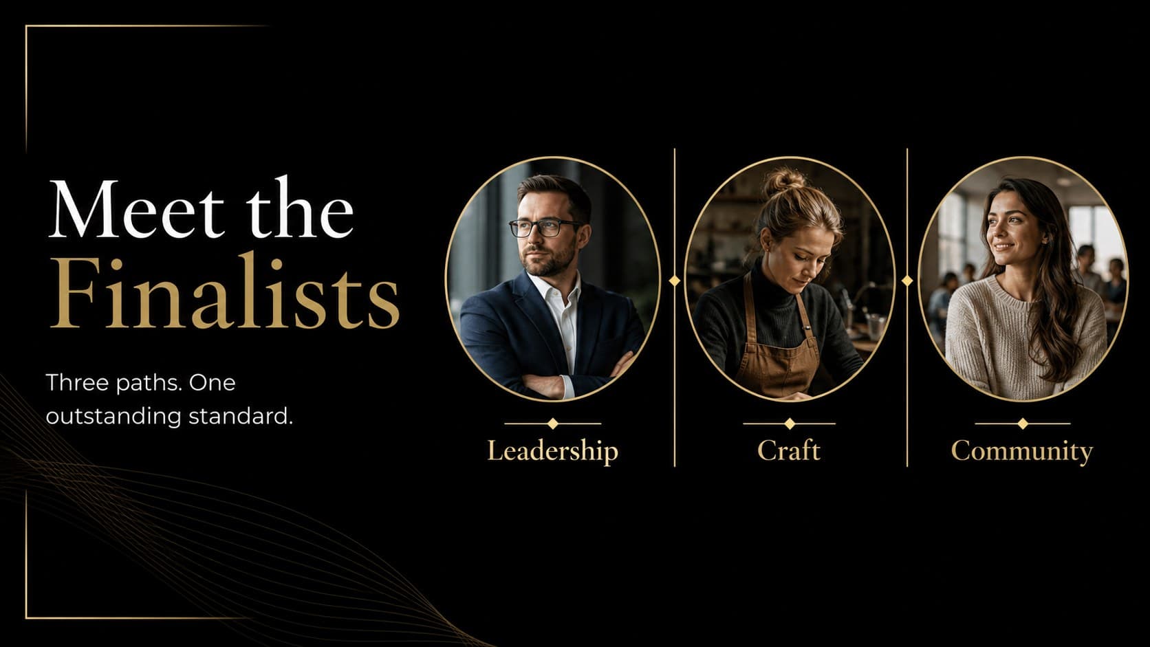 Nominee overview slide presenting finalists in a black and gold ceremony design.
