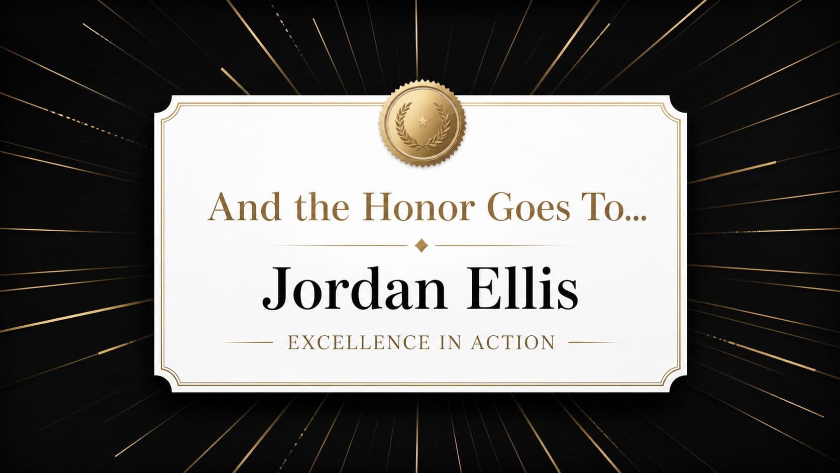 Winner announcement slide revealing a recipient with a dramatic formal presentation layout.
