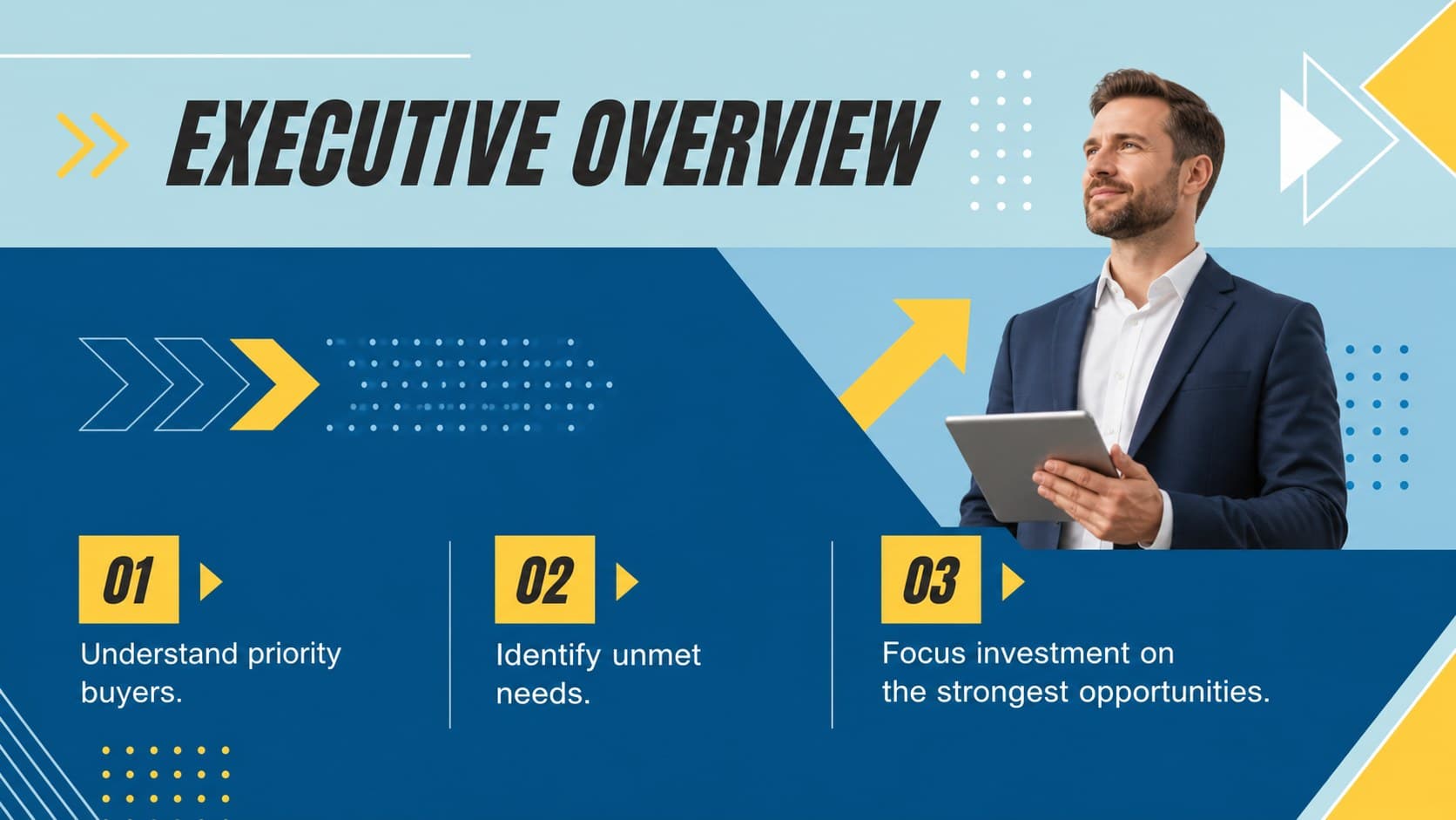 Executive overview slide summarizing the purpose of a B2B customer insights presentation.