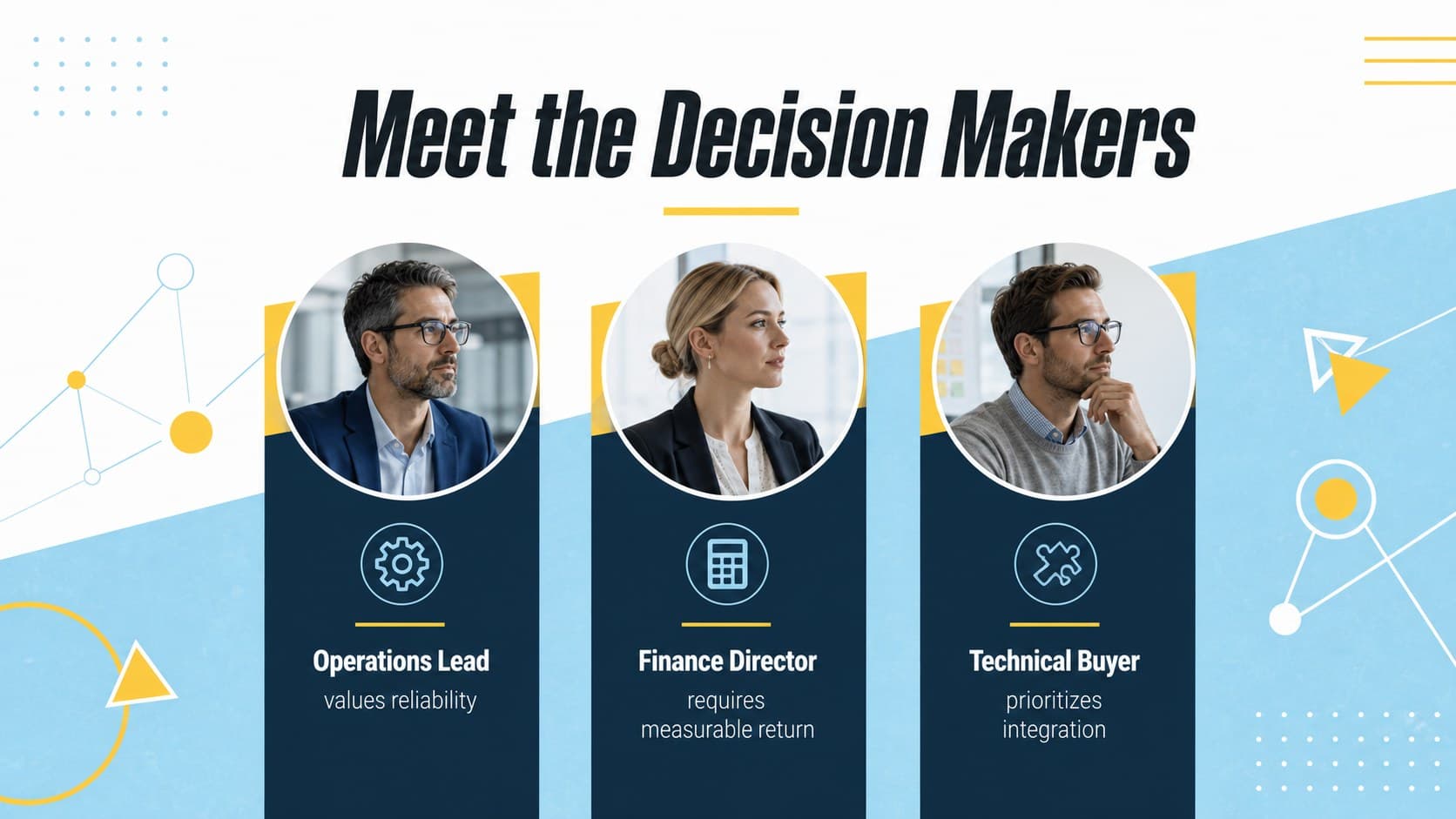 B2B audience analysis presentation slide showing three decision-maker profiles.