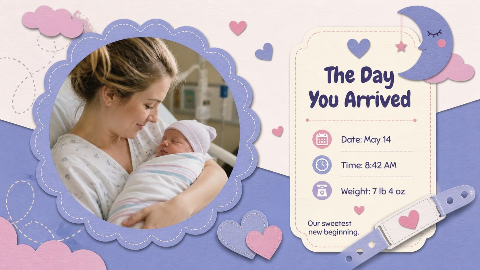 Newborn memory book template page featuring a birth photo, date, time, weight, and first family note.
