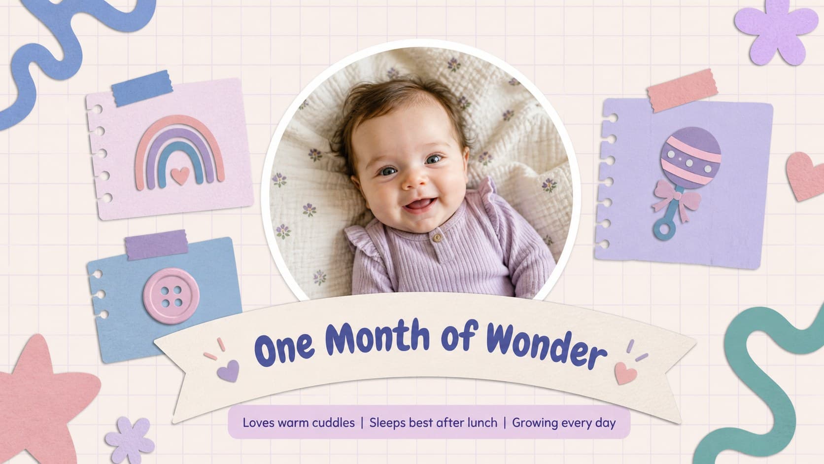 Monthly baby photo presentation page with a one-month portrait and short notes about early changes.