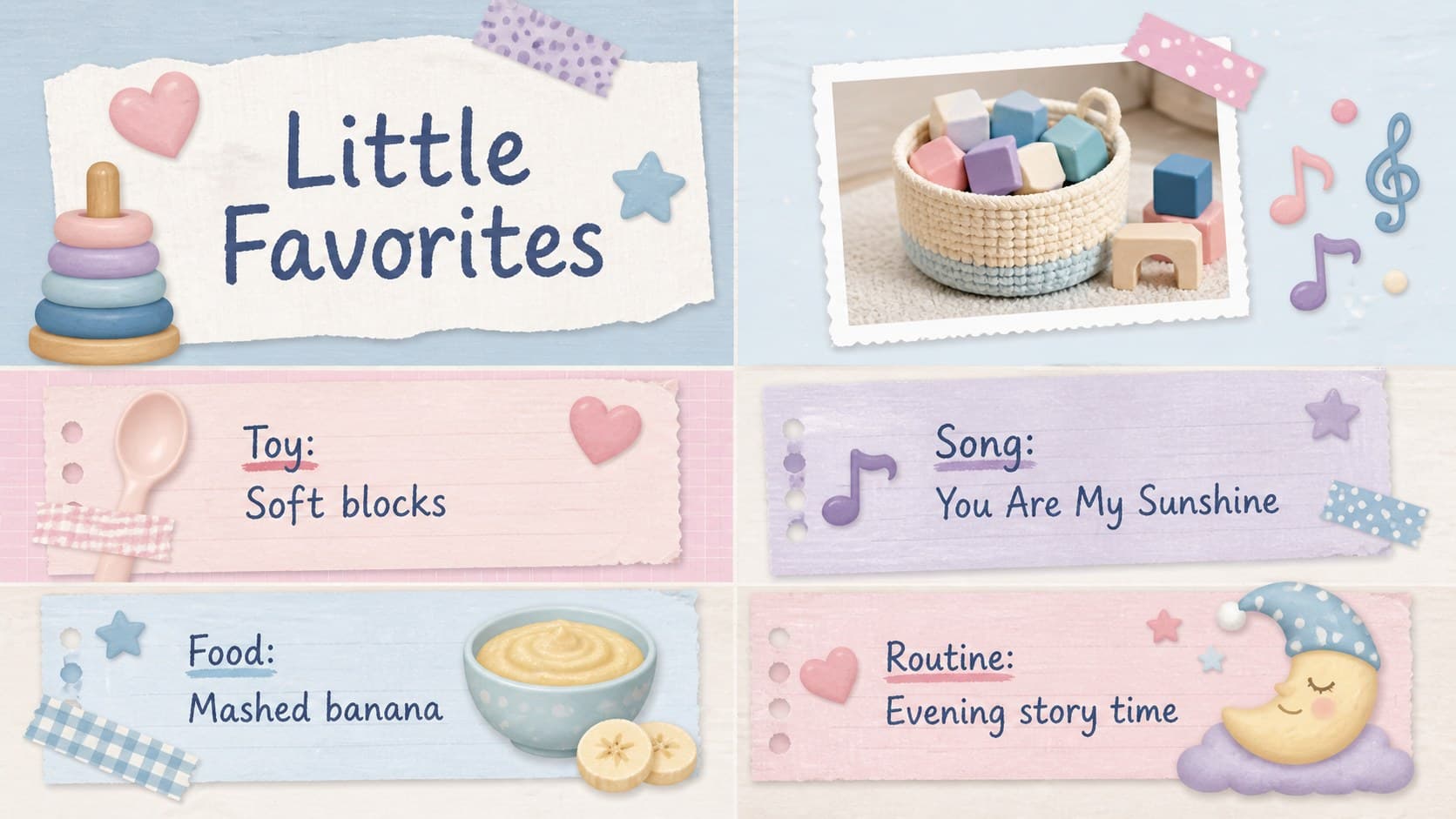 Editable baby first year scrapbook page documenting favorite toys, songs, foods, and routines.