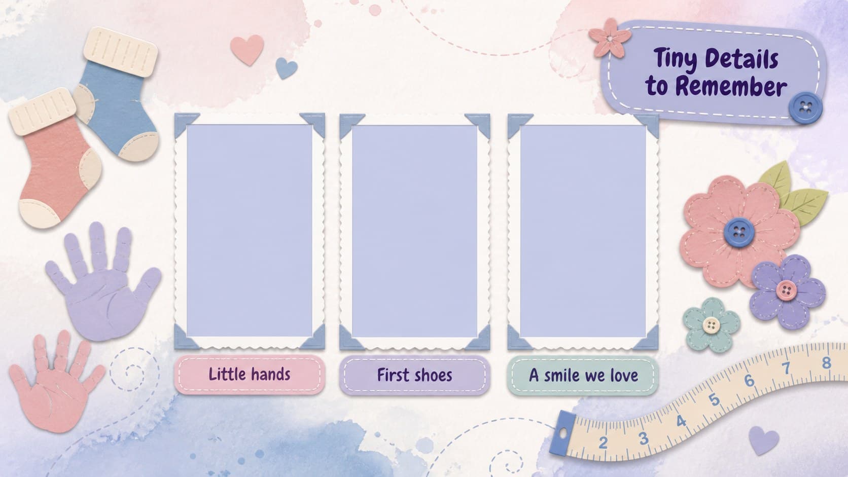 Pastel baby scrapbook deck page highlighting tiny hands, first shoes, and other newborn details.