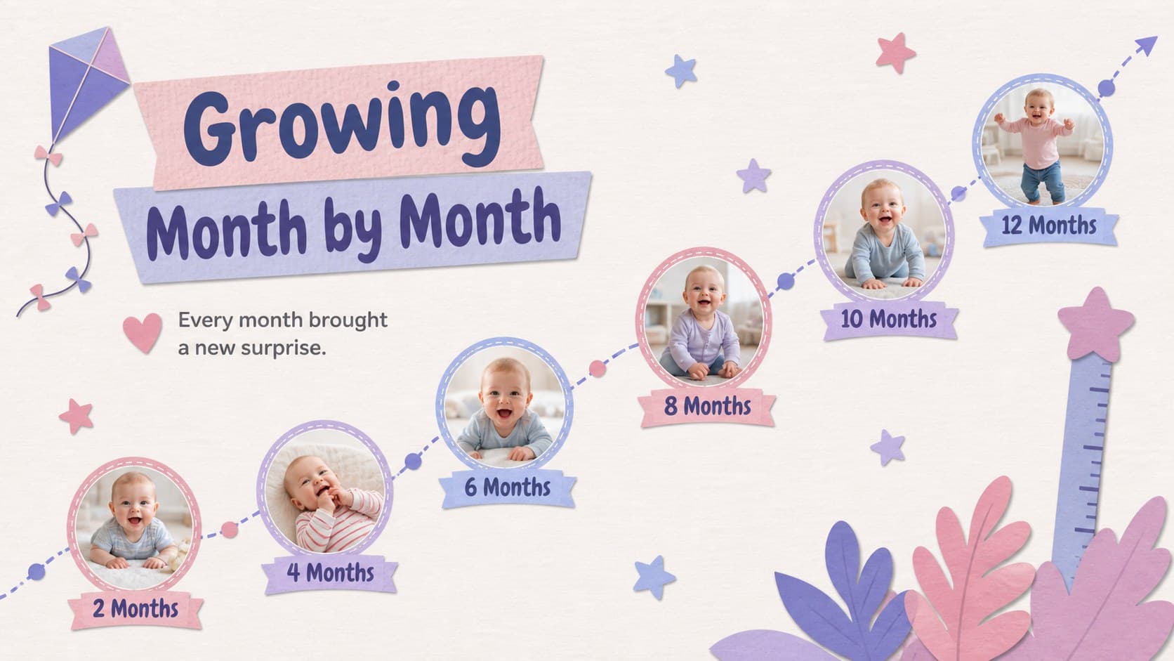 Baby growth timeline slideshow with six monthly photo markers arranged across a pastel scrapbook page.