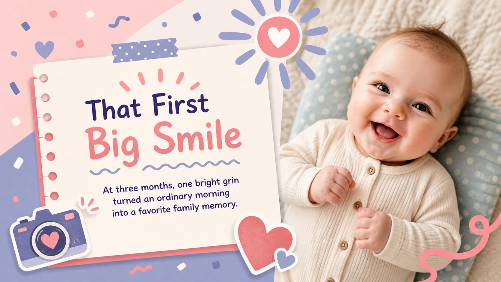 Baby milestone slide celebrating a first smile with a large portrait and a short family memory.