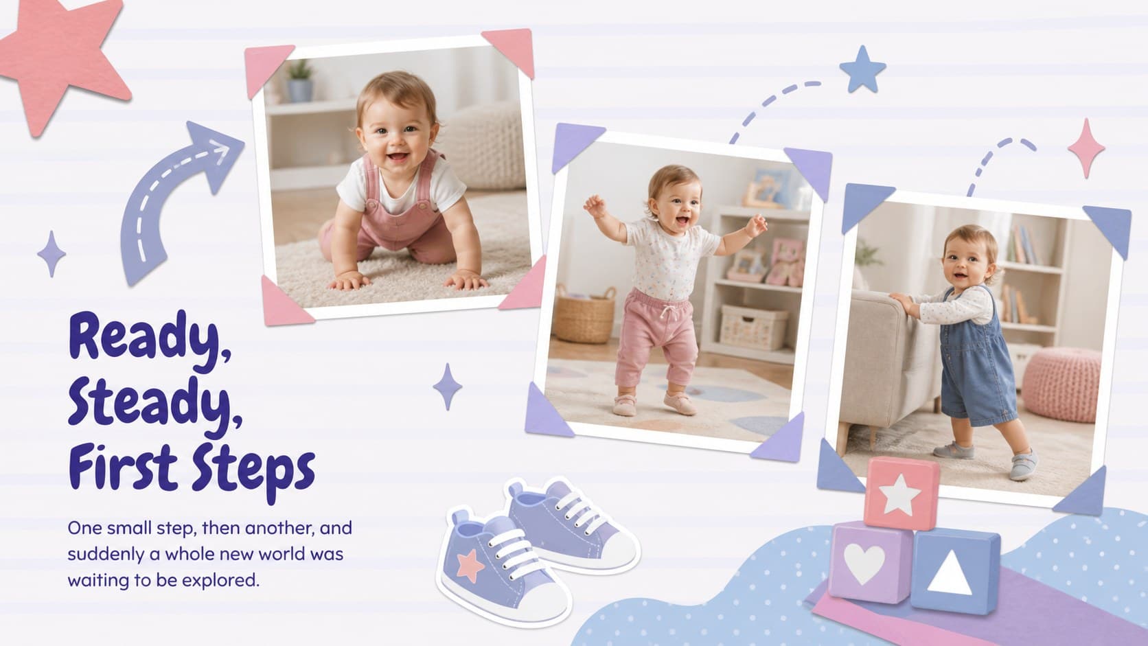 First-year memory book slide showing first steps through a sequence of three playful family photographs.