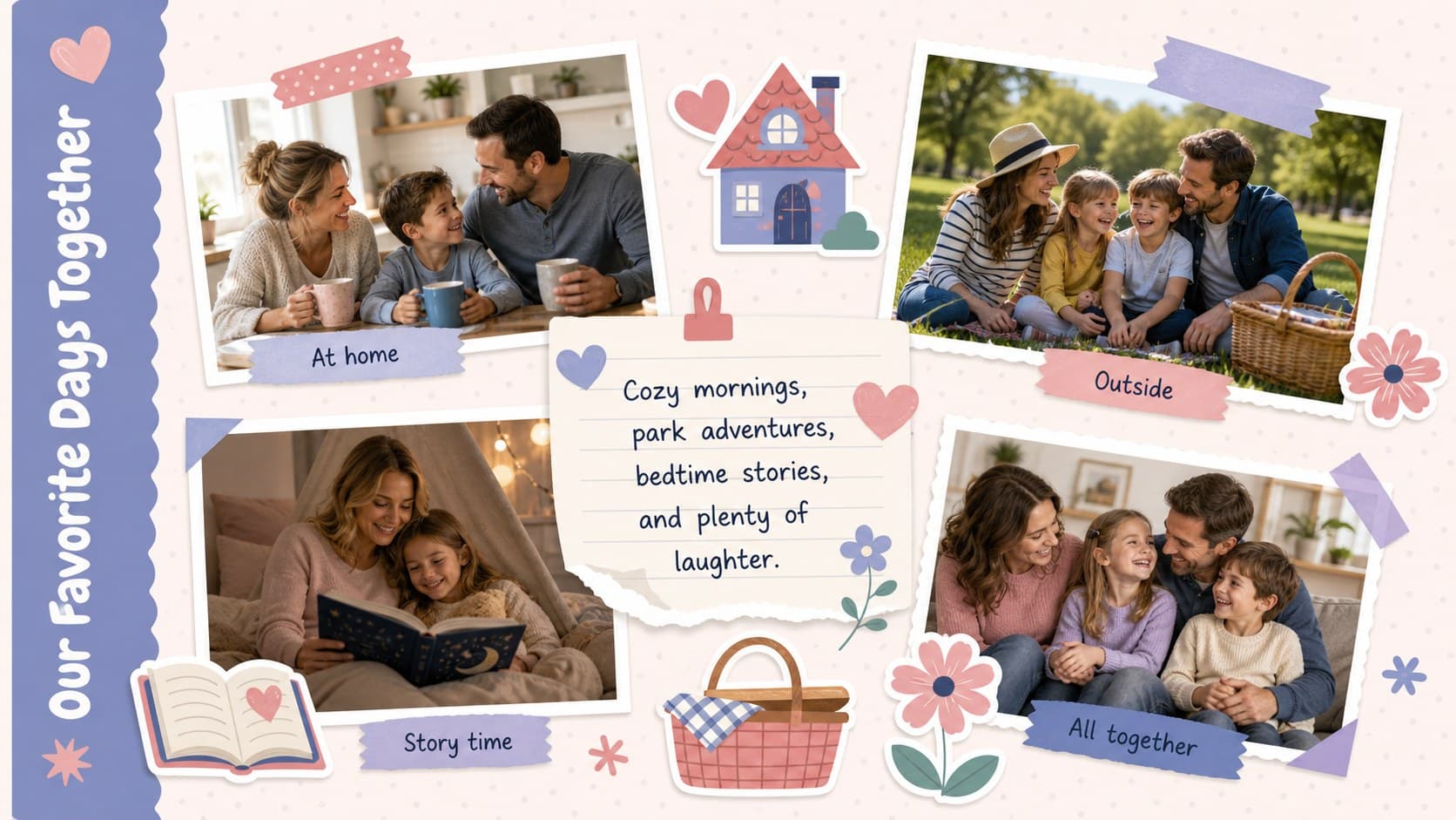 Family photo story presentation collage with four snapshots and captions about shared moments during baby's first year.