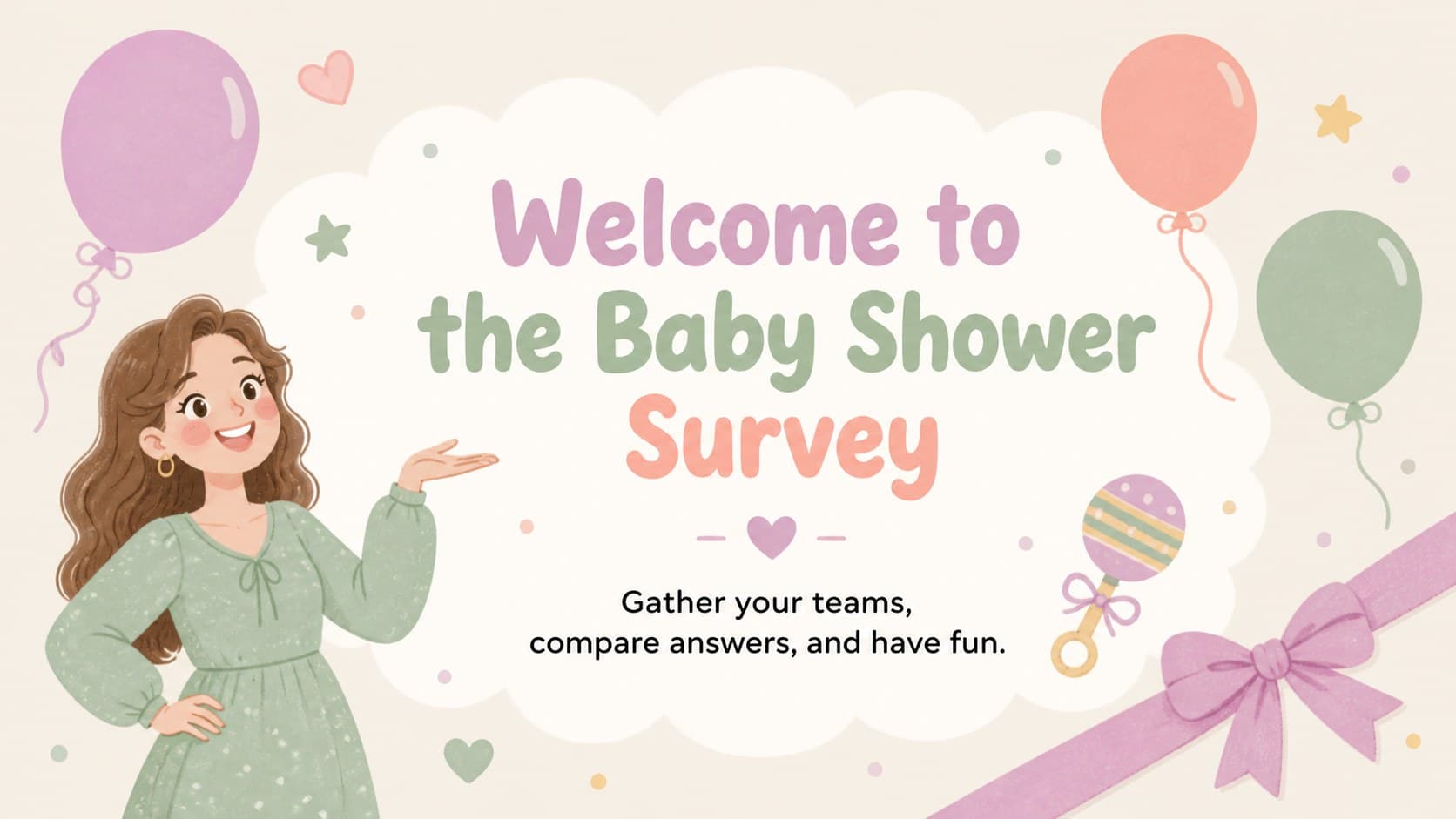 Welcome slide introducing a colorful interactive baby shower party game for family and friends.
