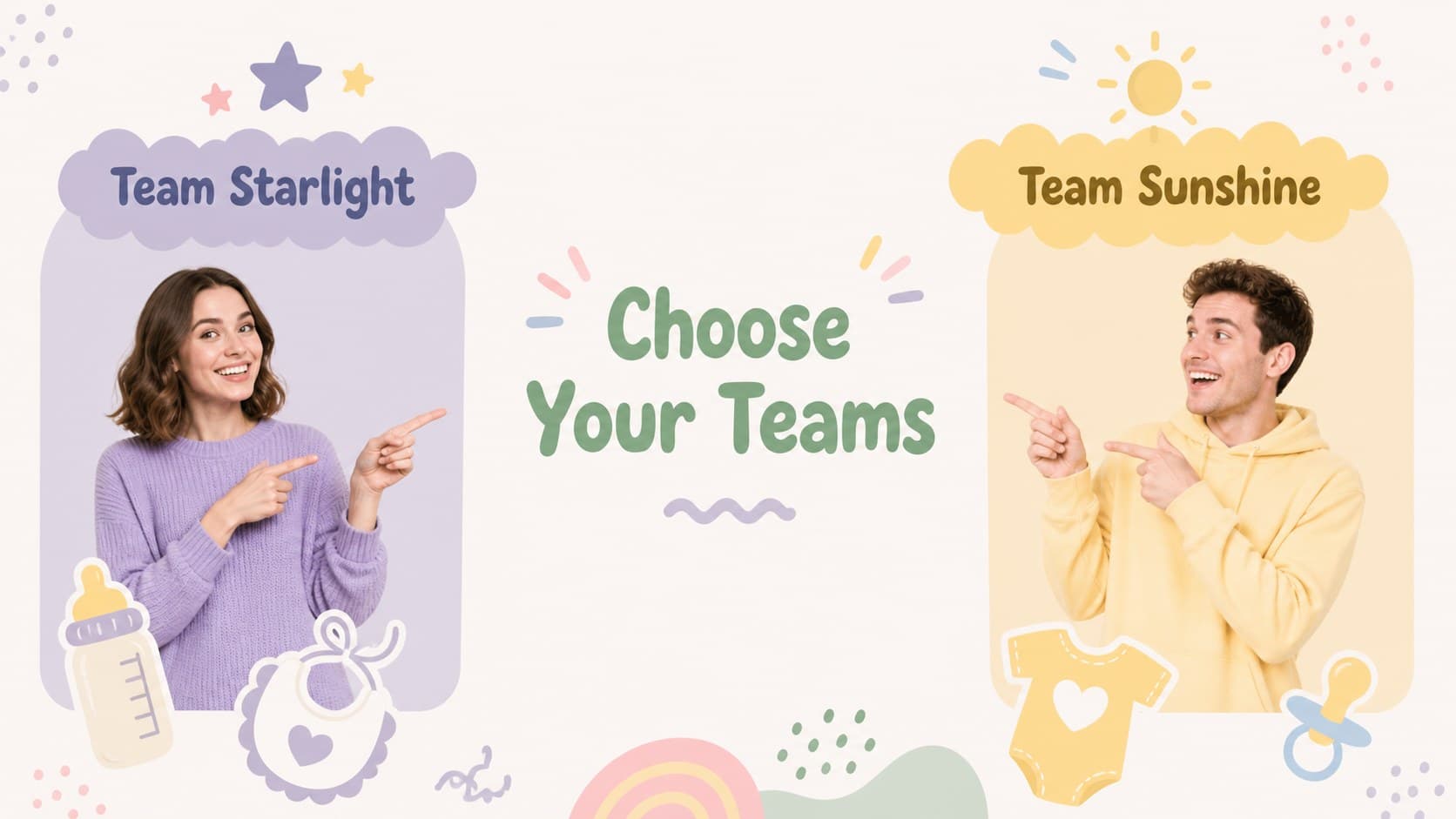 Team setup slide for organizing guests into groups during a pastel baby shower party game.