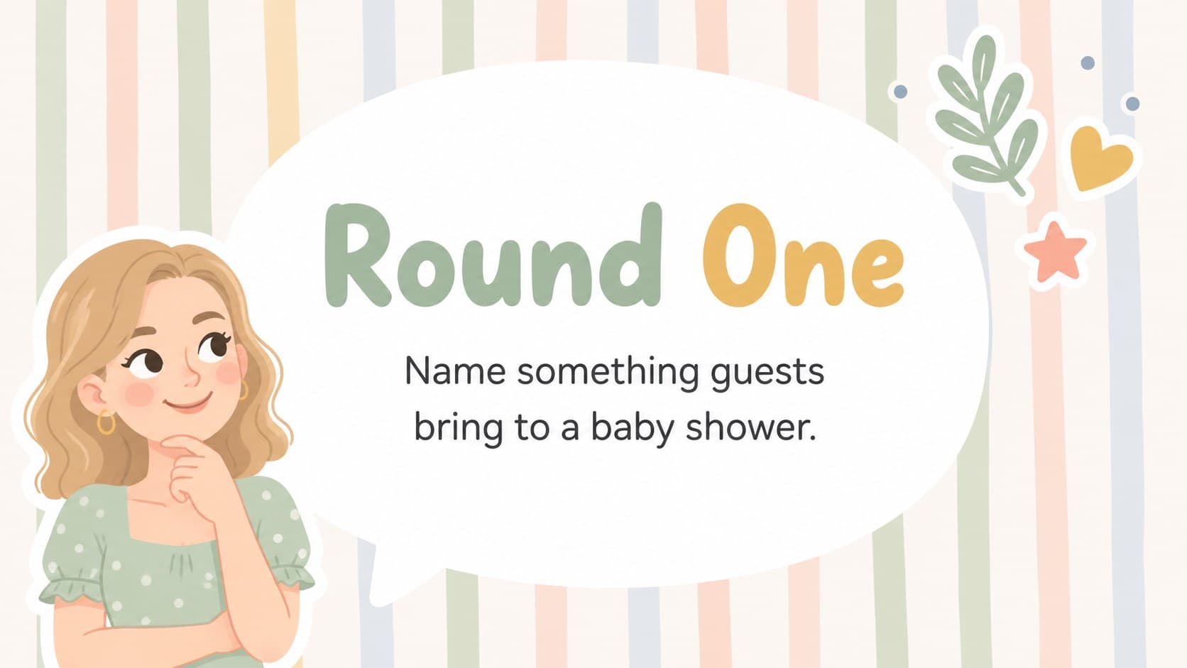 First-round question slide with an editable prompt for a baby shower survey game presentation.