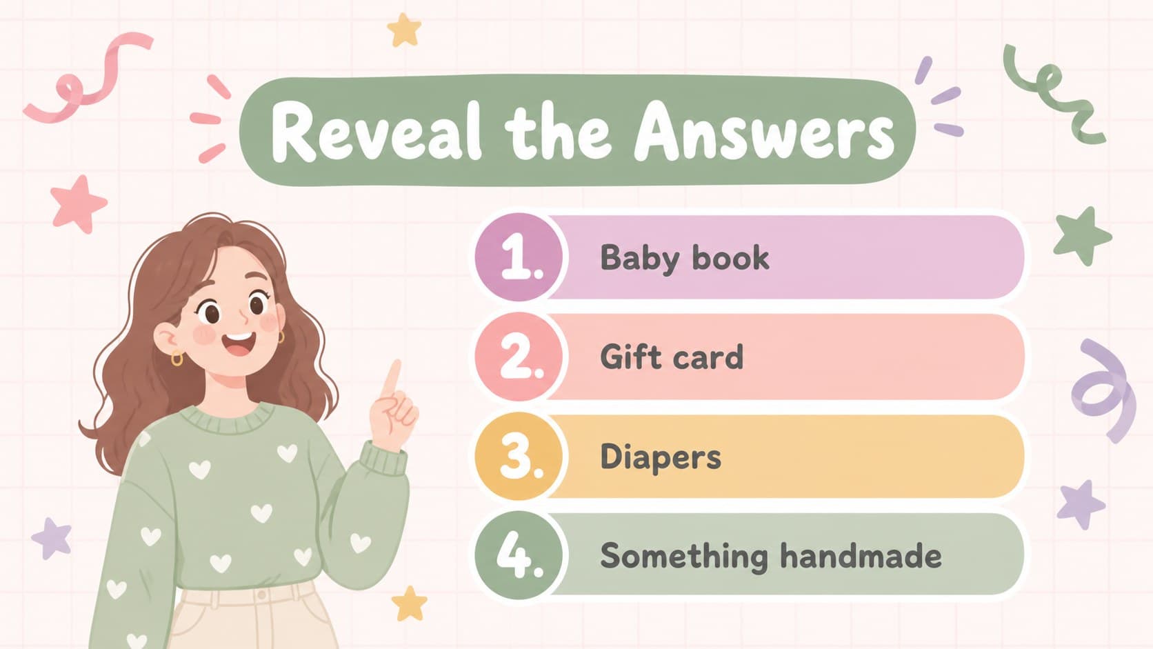 Answer reveal slide displaying popular responses in a playful baby shower survey game layout.