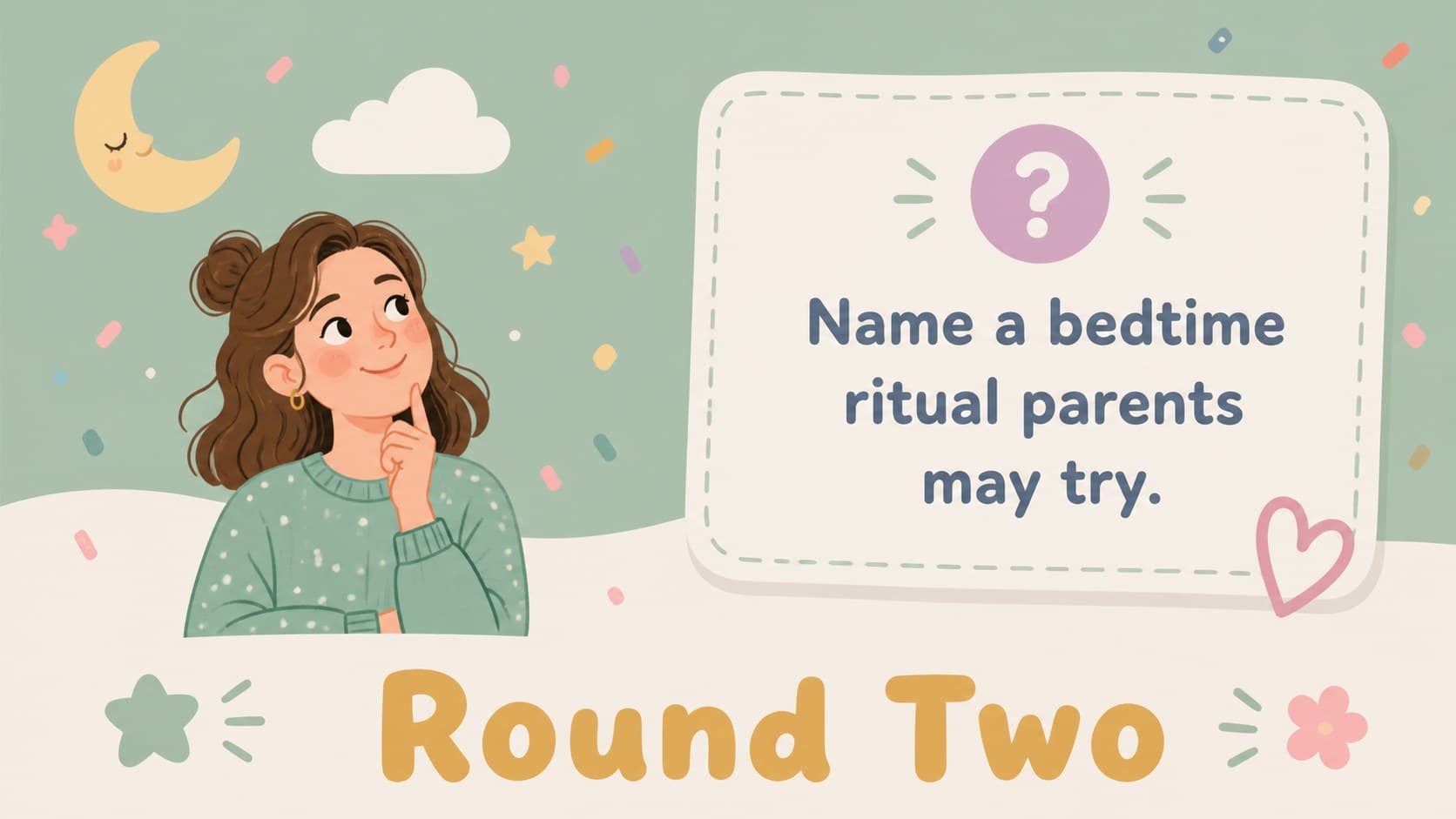 Second-round slide with a family-friendly baby shower survey prompt and pastel decorative details.