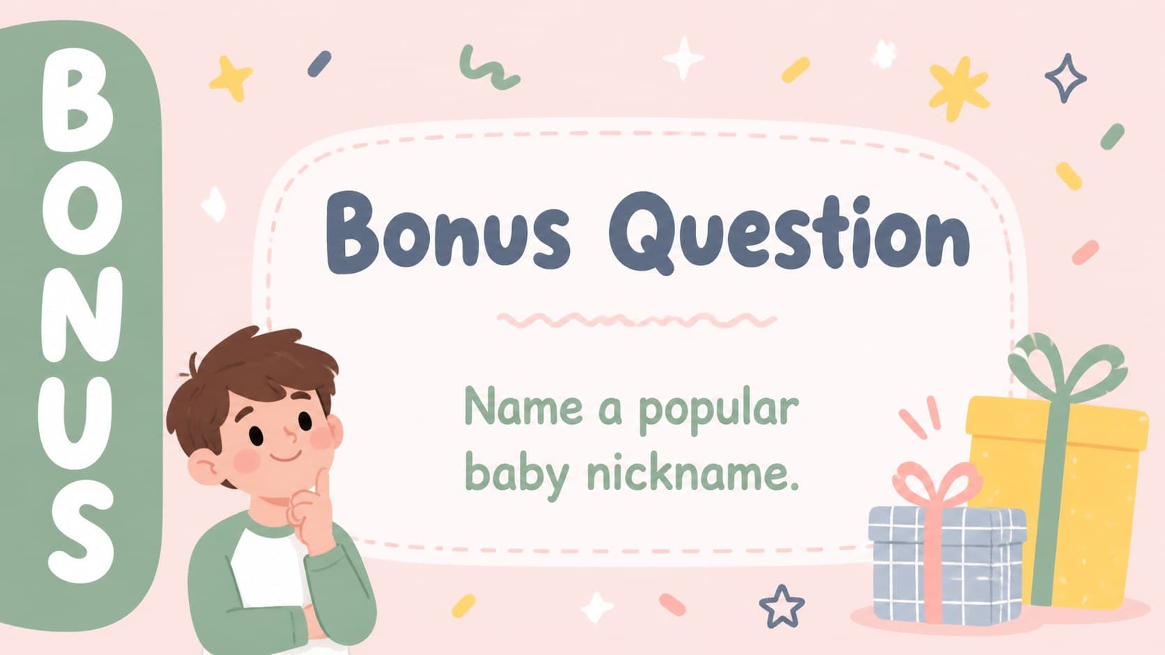 Bonus question slide for a custom family survey game at a baby shower celebration.
