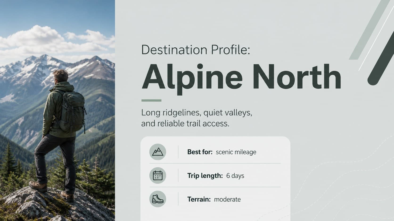 Backpacking destination profile slide featuring a route summary and scenic mountain photograph.