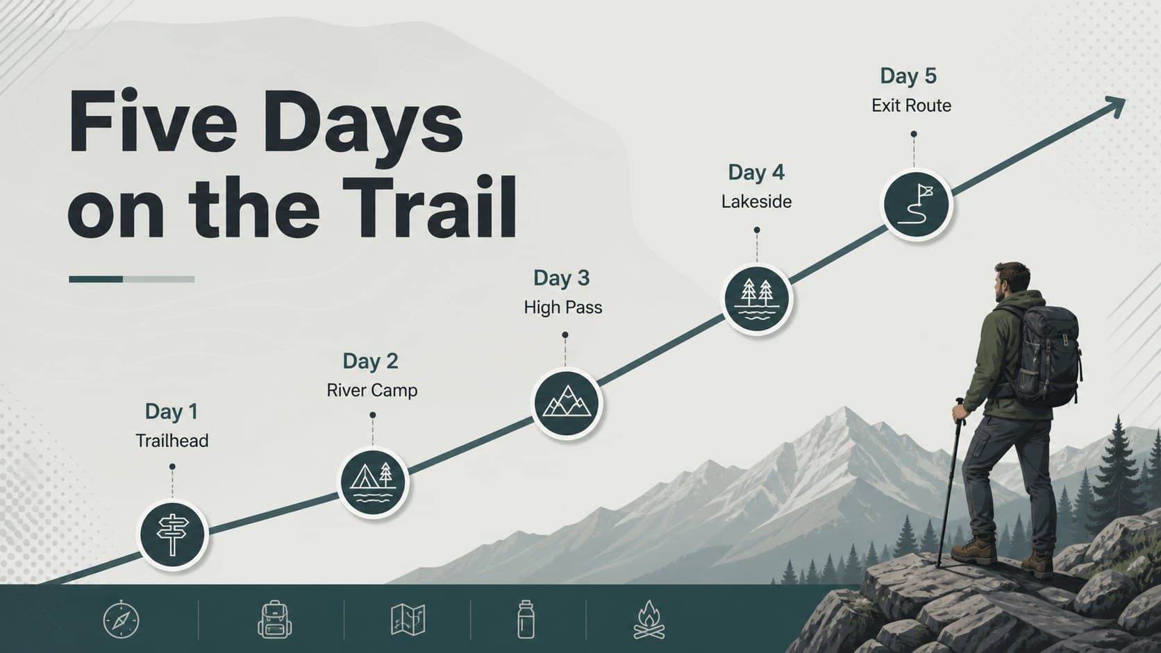 Backpacking trip itinerary presentation slide with a five-day route timeline.