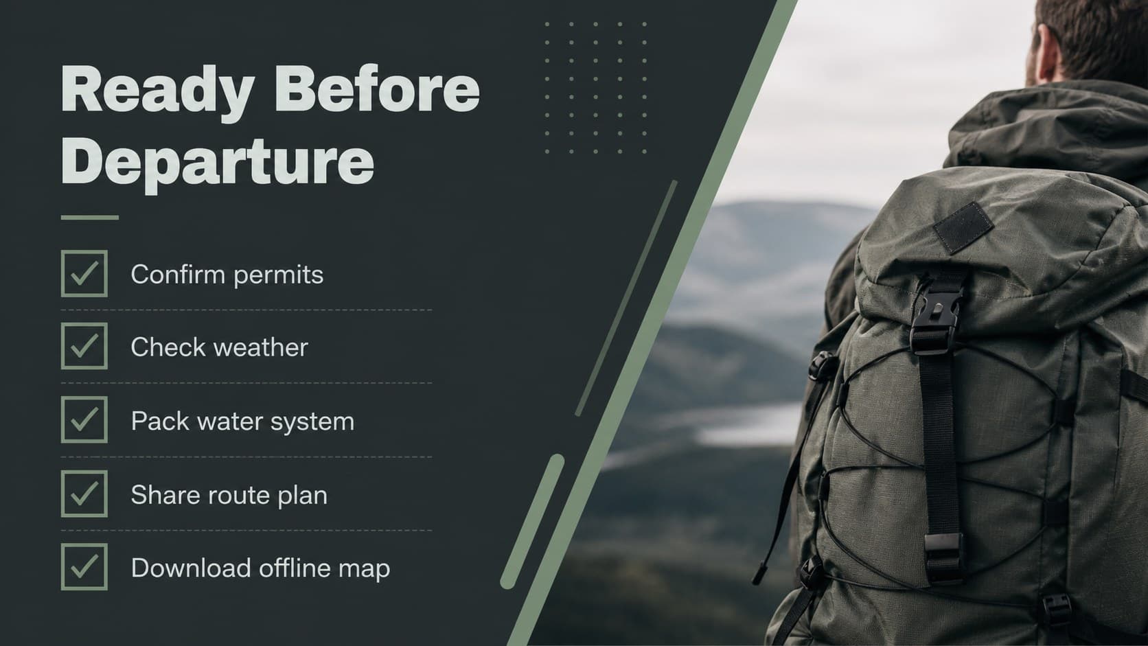 Outdoor adventure planning slide with a backpacking preparation checklist.