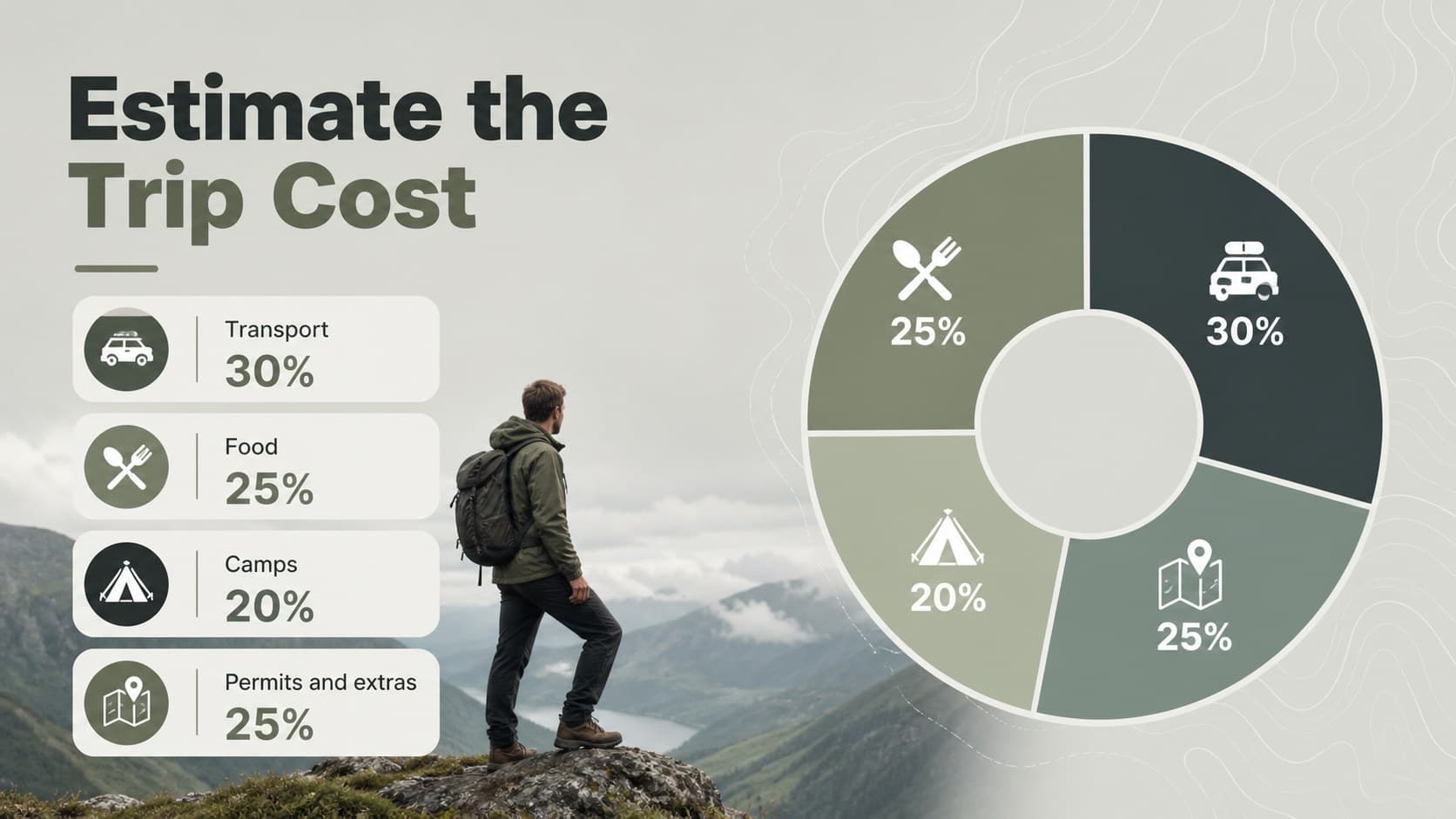 Backpacking budget summary slide visualizing transport, food, lodging, and permits.