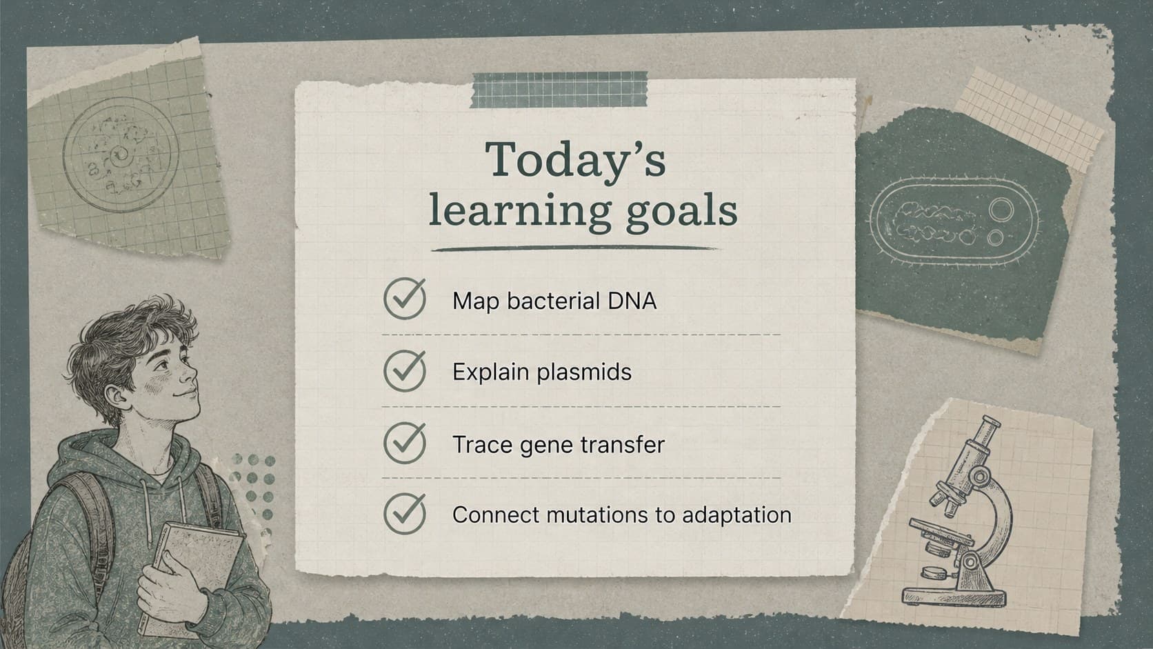 Learning goals slide outlining DNA, plasmids, mutations, and gene transfer for a biology study guide presentation.