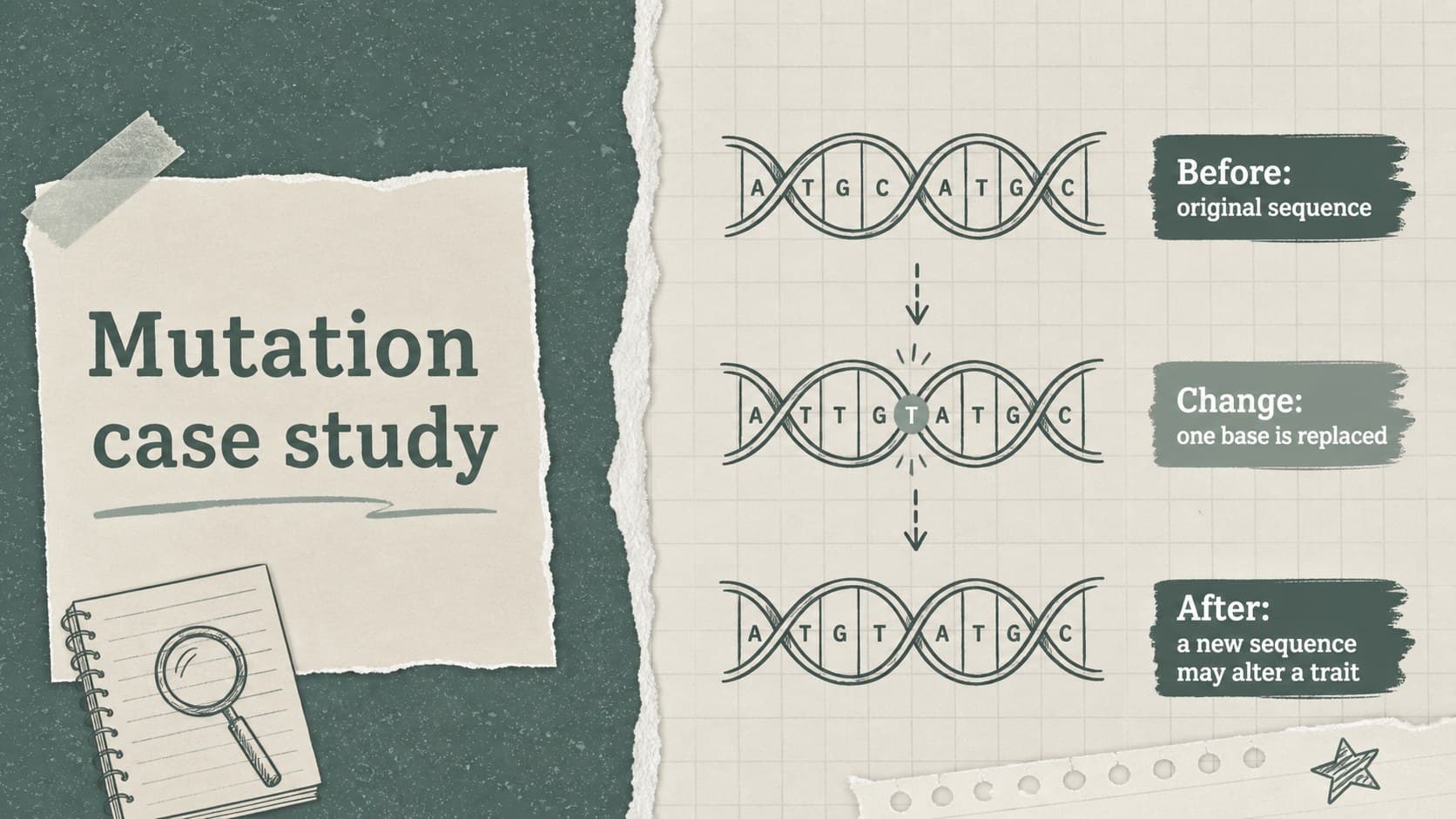 Mutation case study slide showing a before-and-after sequence for a bacterial mutation classroom deck.