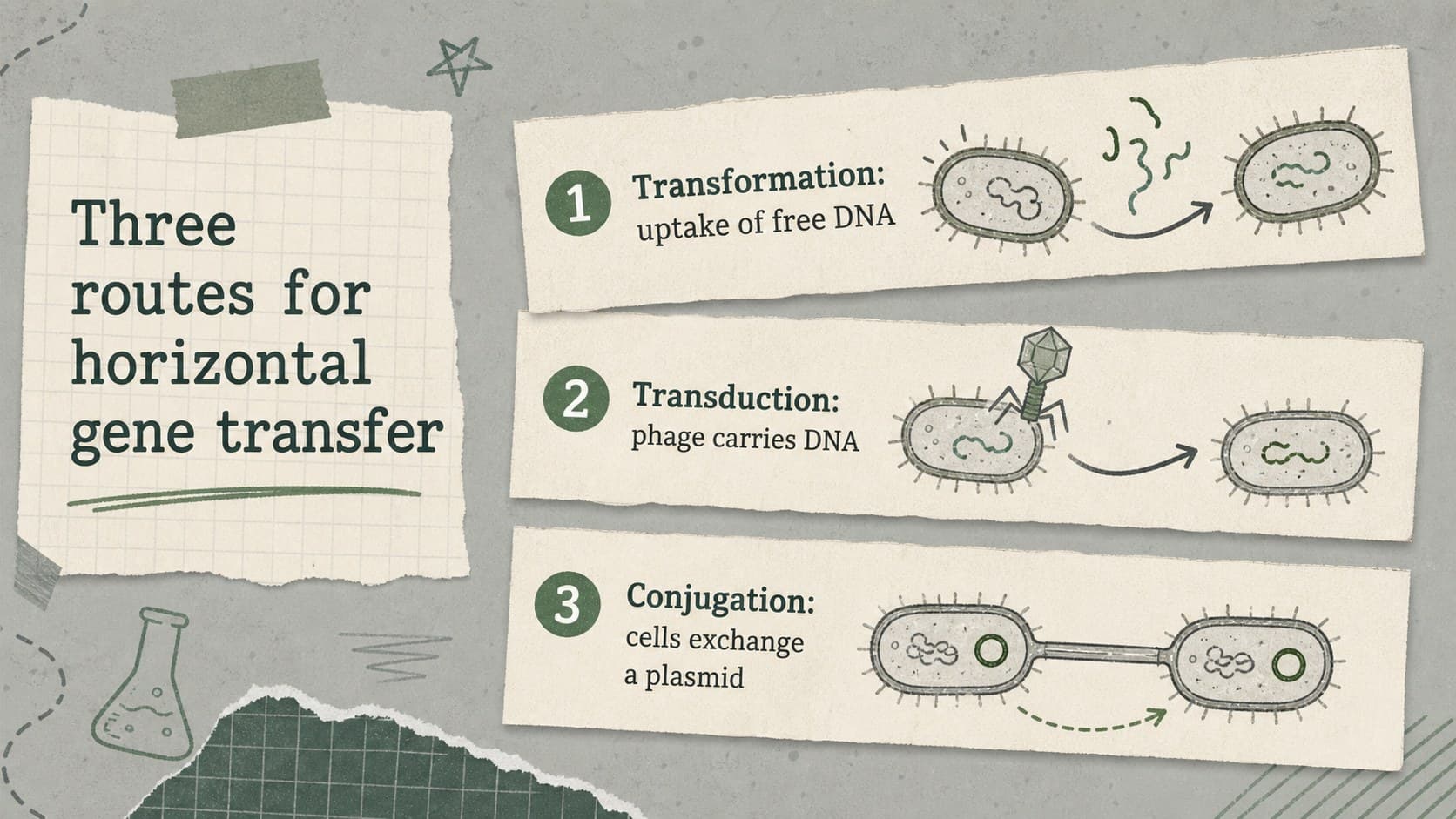 Horizontal gene transfer slide comparing transformation, transduction, and conjugation in bacteria.