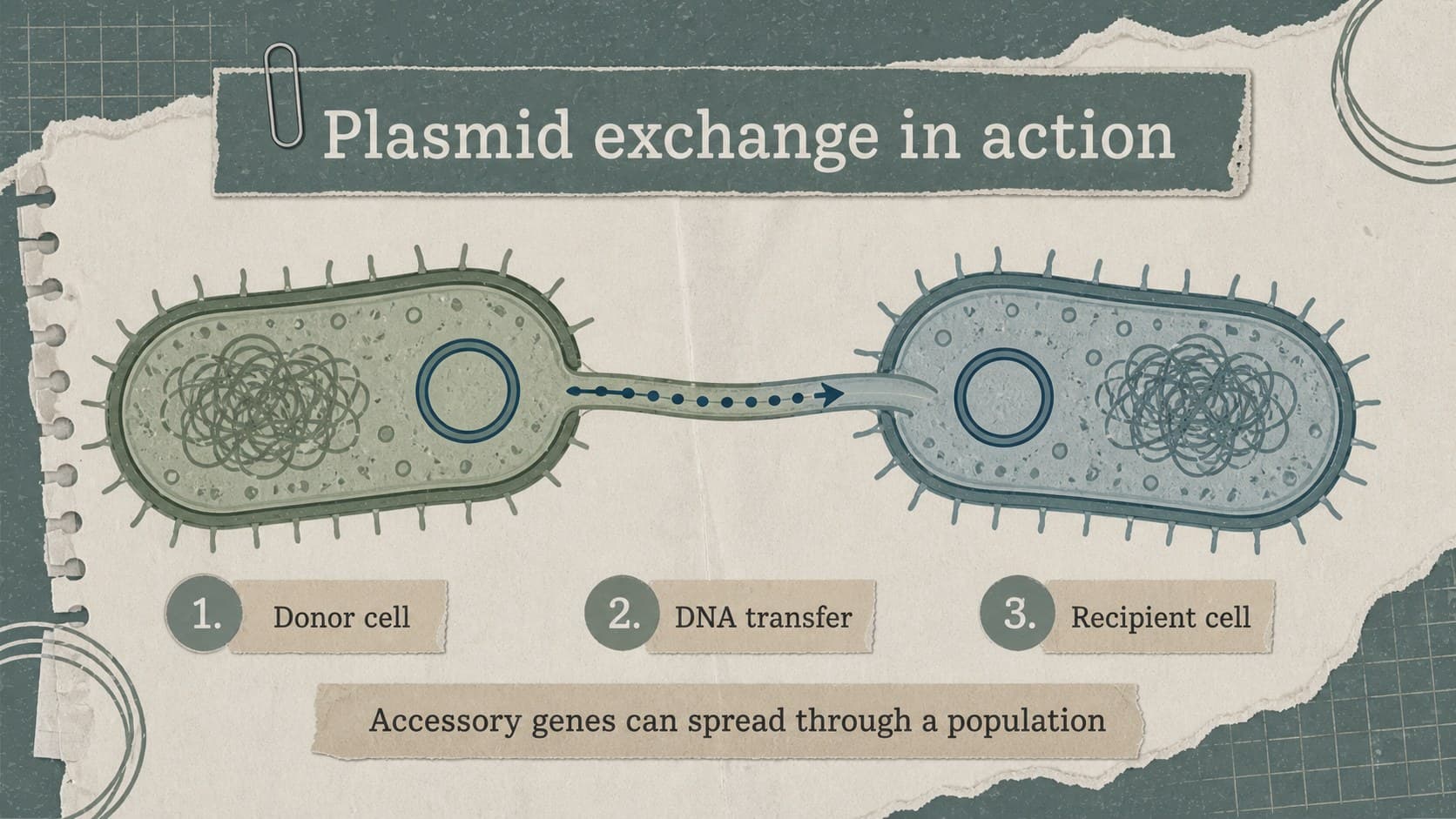 Plasmid biology presentation slide showing how a plasmid moves between bacterial cells.