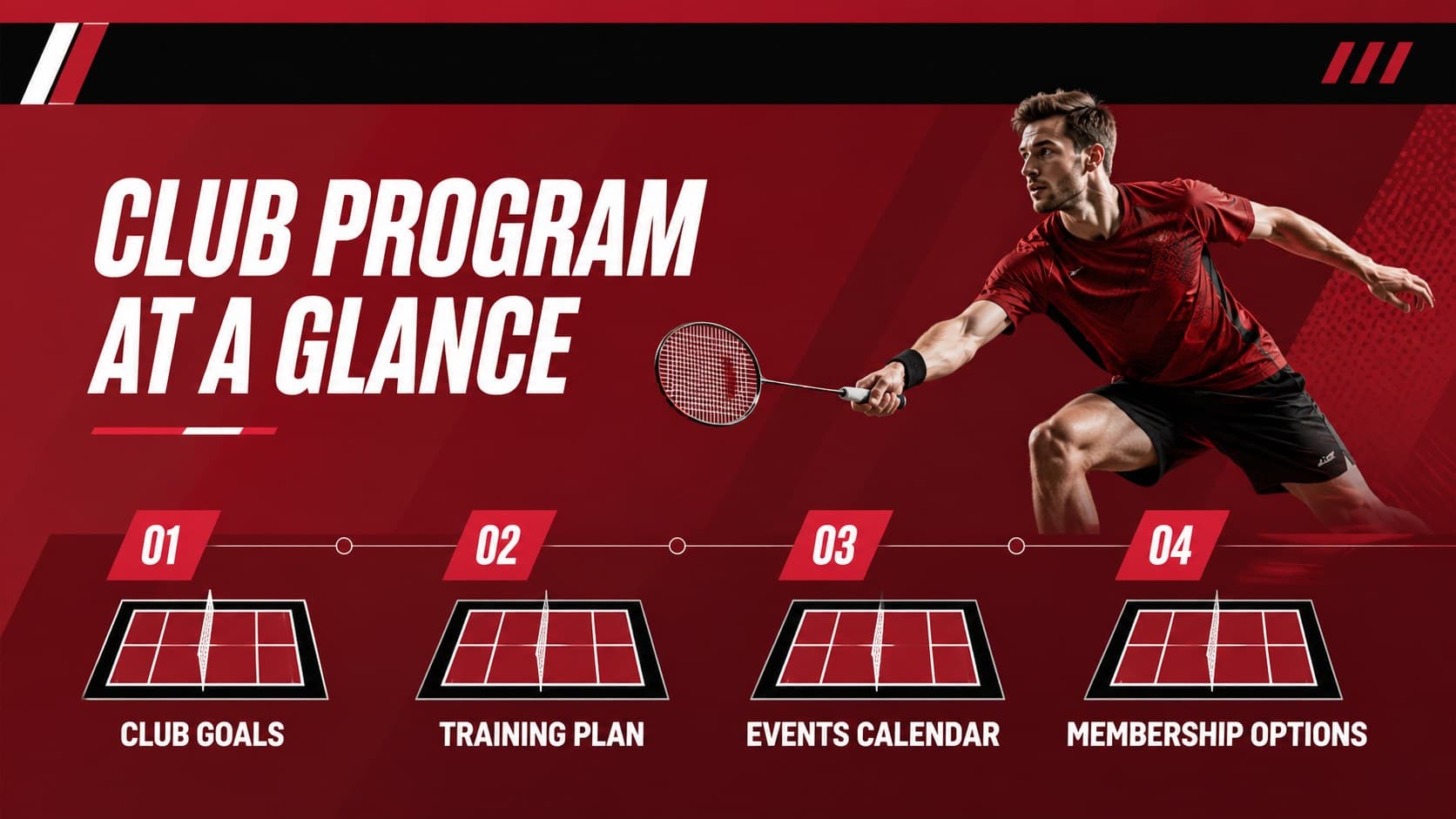 Agenda slide outlining club goals, training, events, and membership for a badminton presentation.