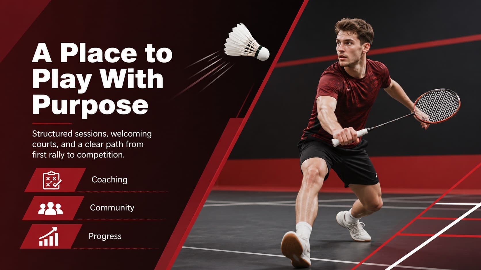 Badminton club introduction slide featuring a training hall image and concise program overview.