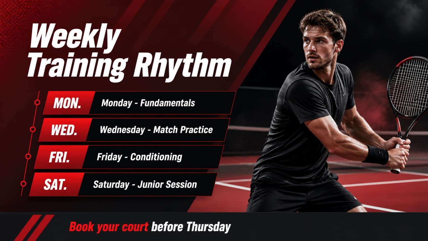 Badminton training schedule slide showing weekly sessions in a structured timetable layout.