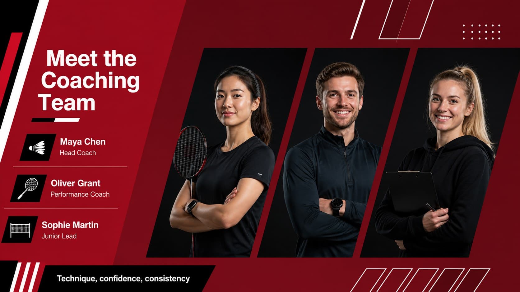 Coaching team slide presenting original badminton instructors with roles and specialties.