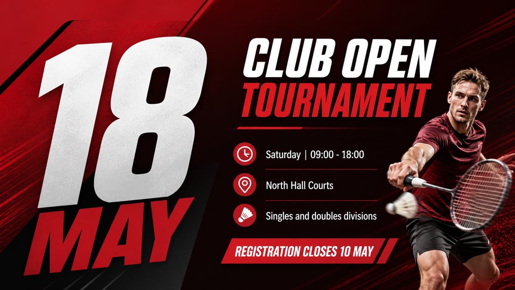 Badminton tournament announcement slide with event date, venue, and registration details.