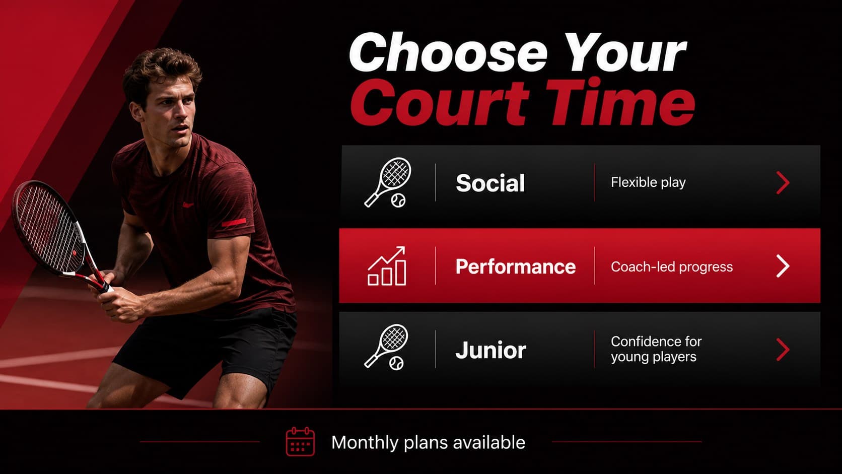 Membership options slide comparing social, performance, and junior badminton club plans.