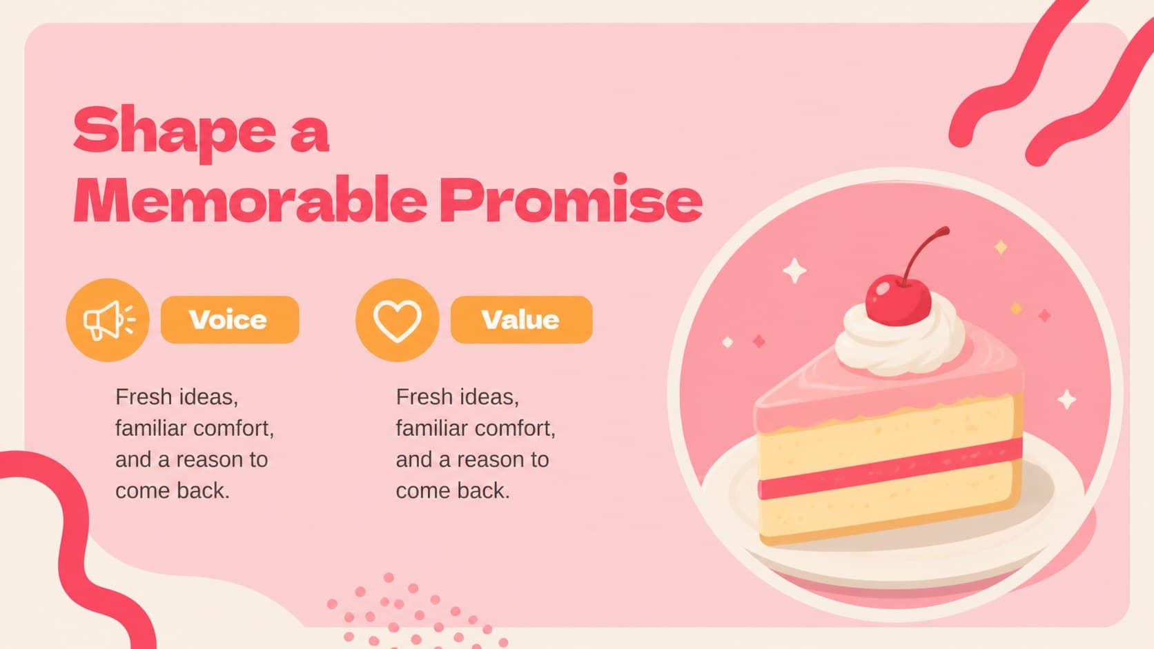 Pastel bakery presentation slide defining the brand promise with a product illustration.