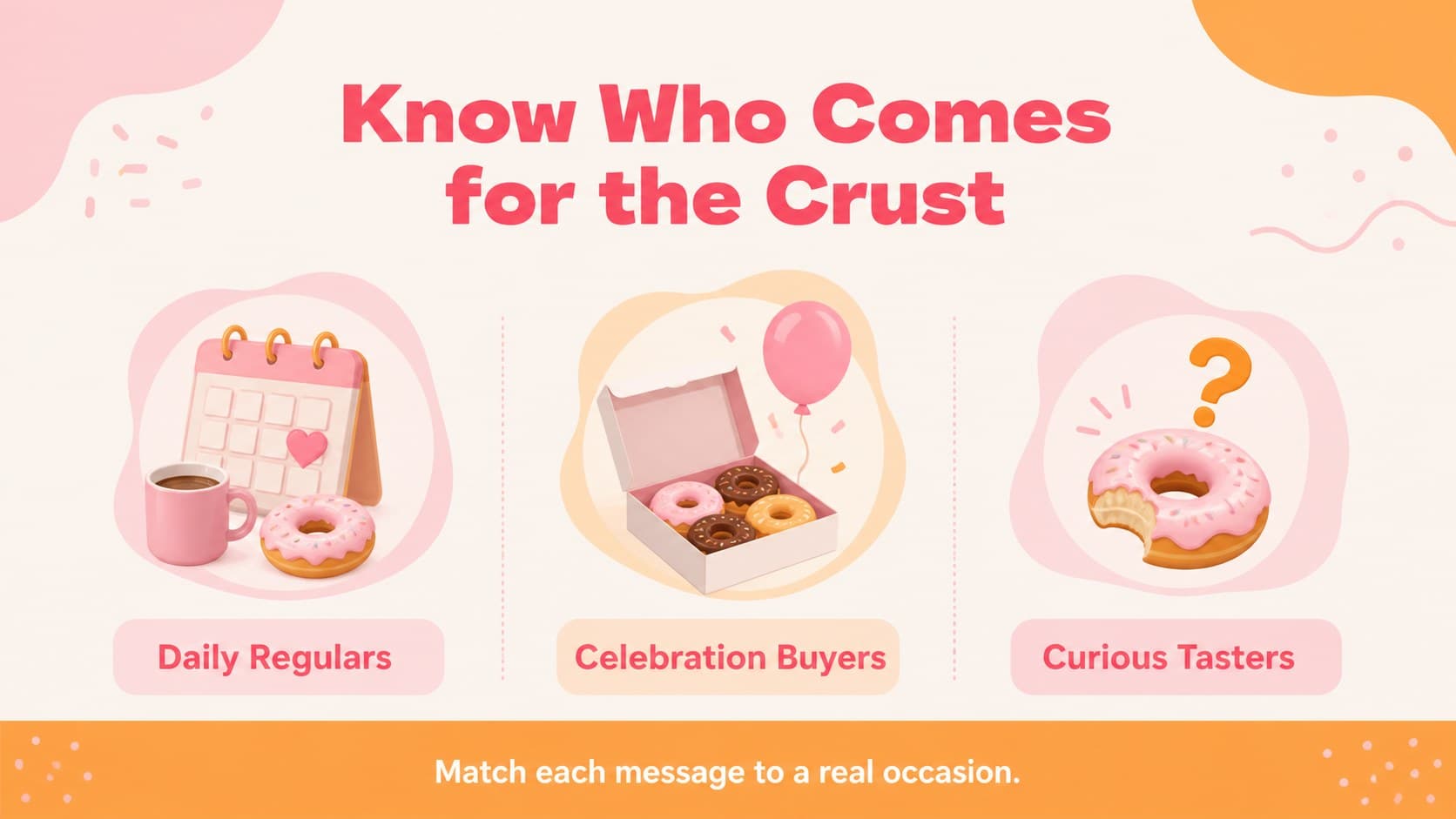 Bakery customer profile slide with pastel audience segments and illustrated dessert icons.