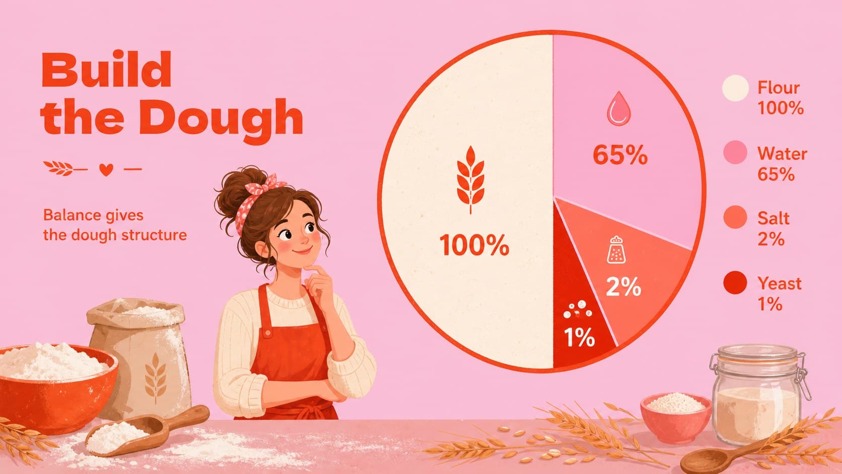 Bread making class slide explaining ingredient ratios with playful red and orange baking graphics.