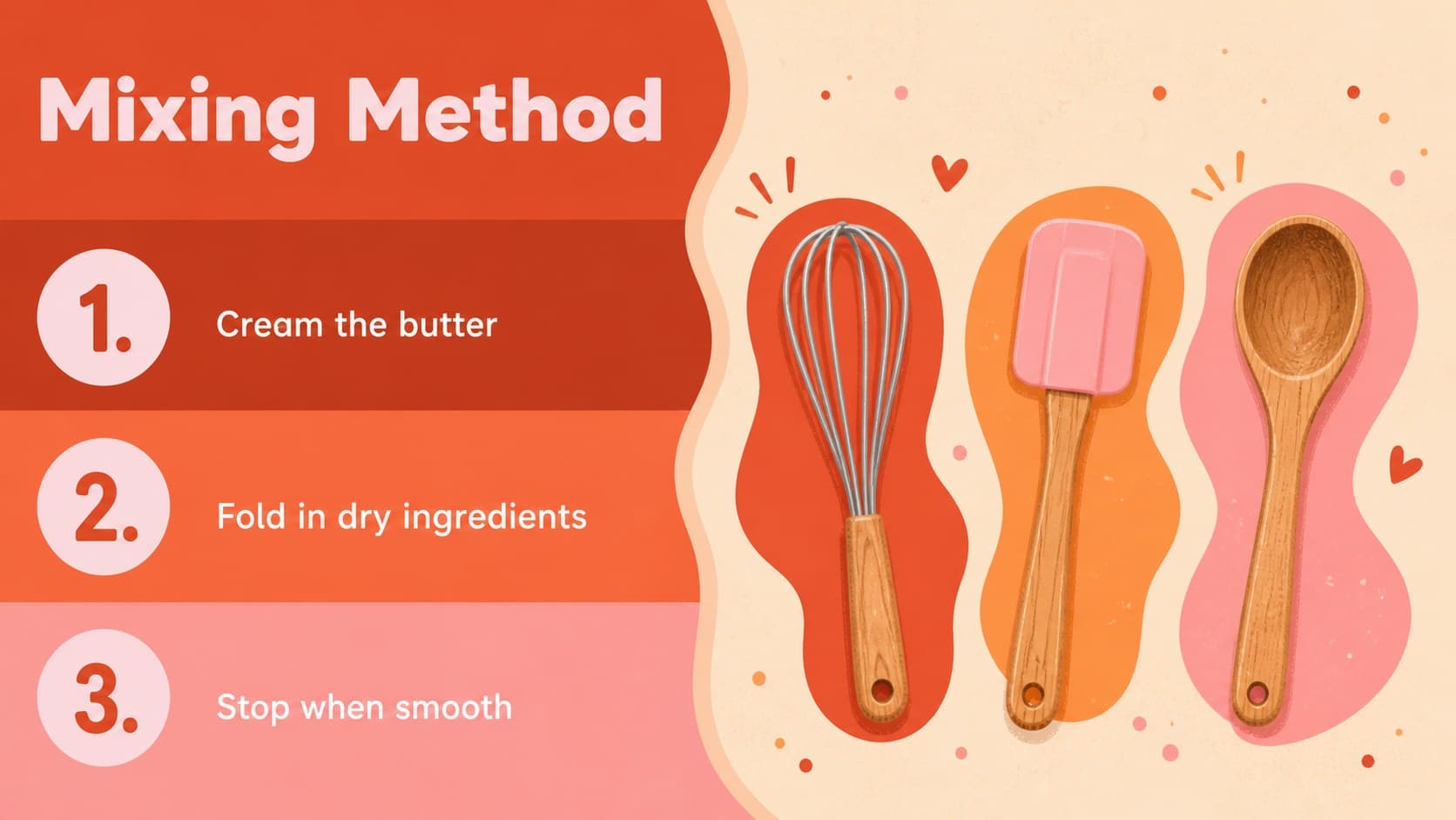 Pastry class slide presenting a step-by-step mixing method with illustrated utensils.