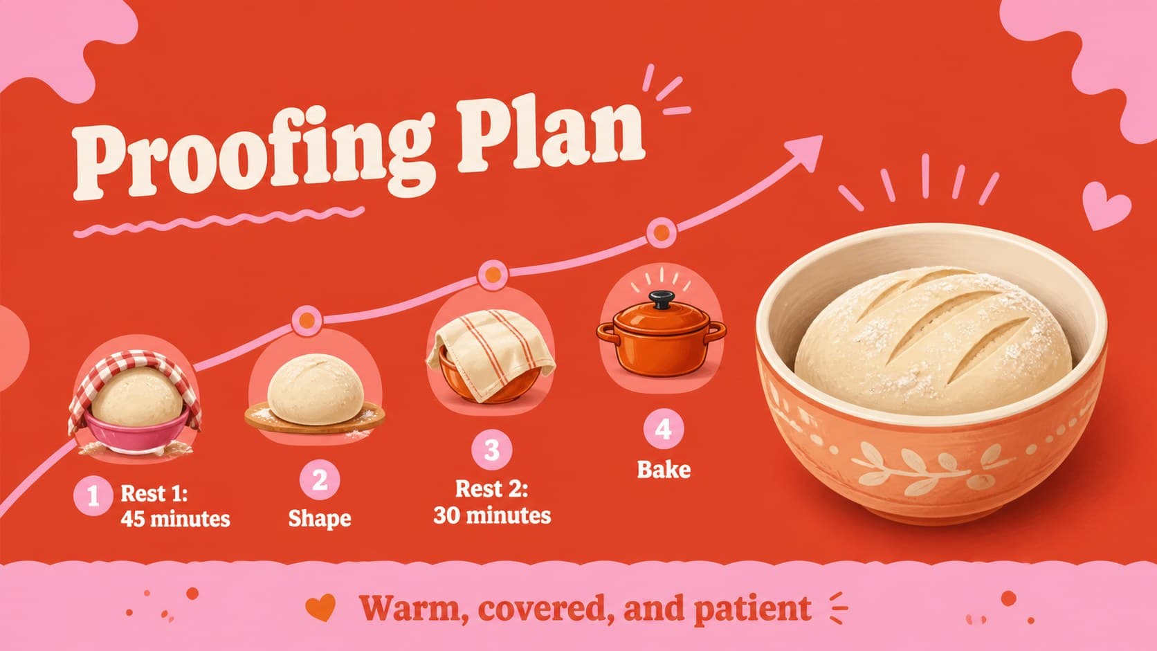 Recipe demonstration slide mapping proofing time and temperature for a baking class.