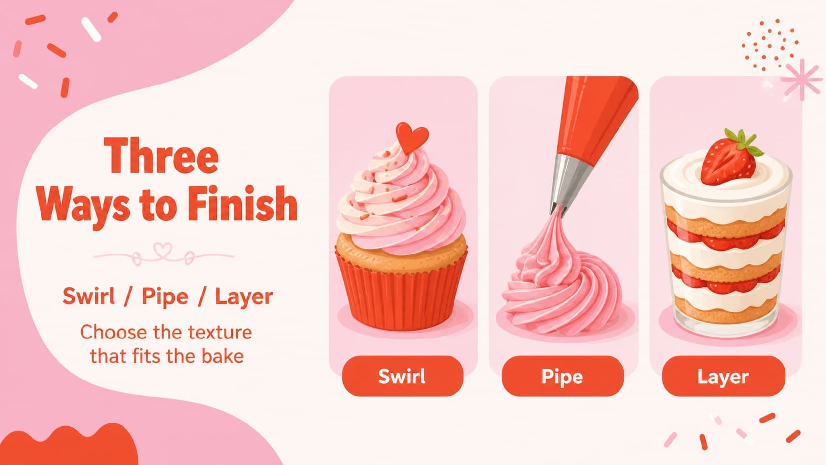 Cake decorating lesson slide displaying a colorful technique comparison for workshop participants.