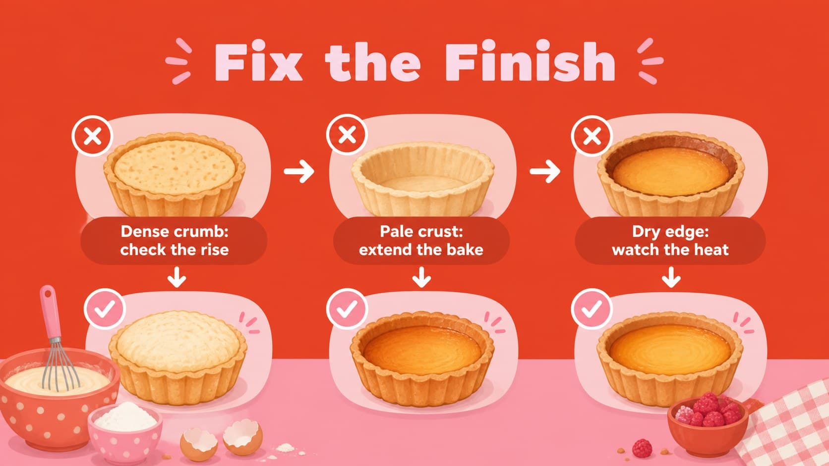 Bakery training slide with a visual troubleshooting guide for common baking problems.