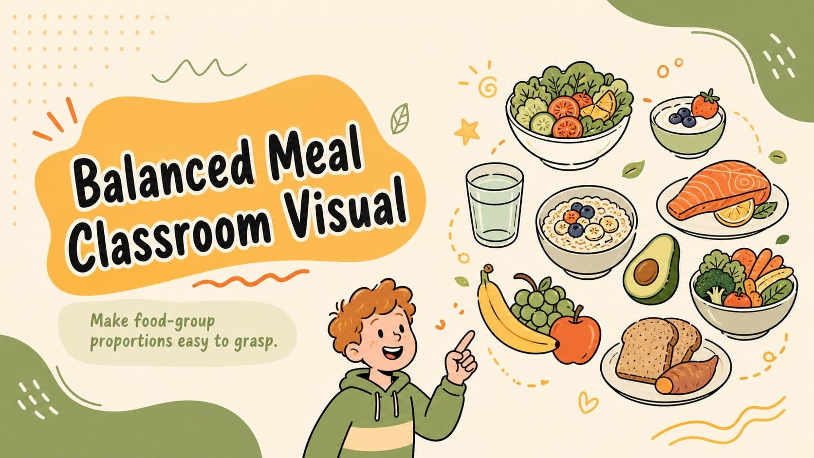 Balanced meal classroom visual cover with colorful food doodles in yellow, orange, green, and beige.