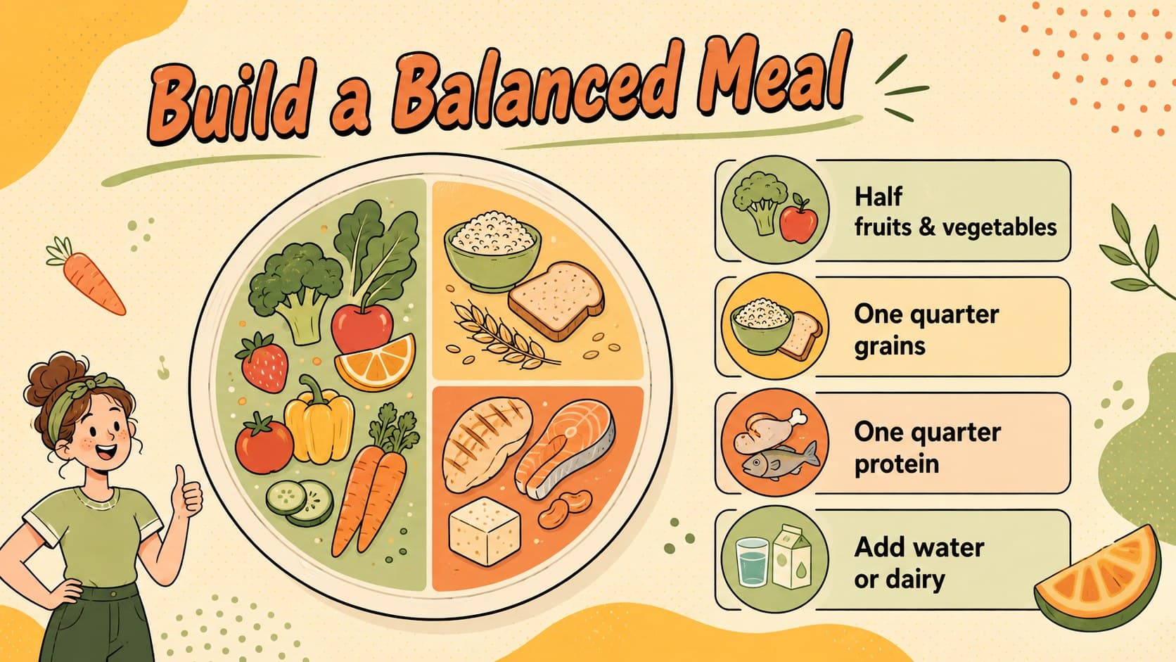 Food group portion guide for students showing produce, grains, protein, and drink choices.