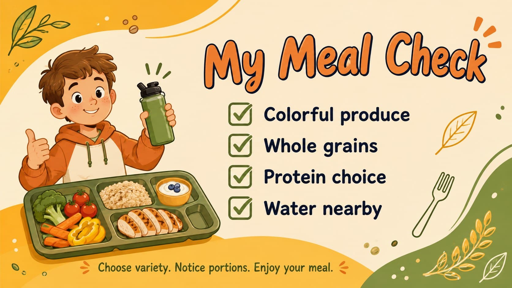 Healthy eating classroom visual featuring an illustrated meal-planning checklist and colorful food icons.