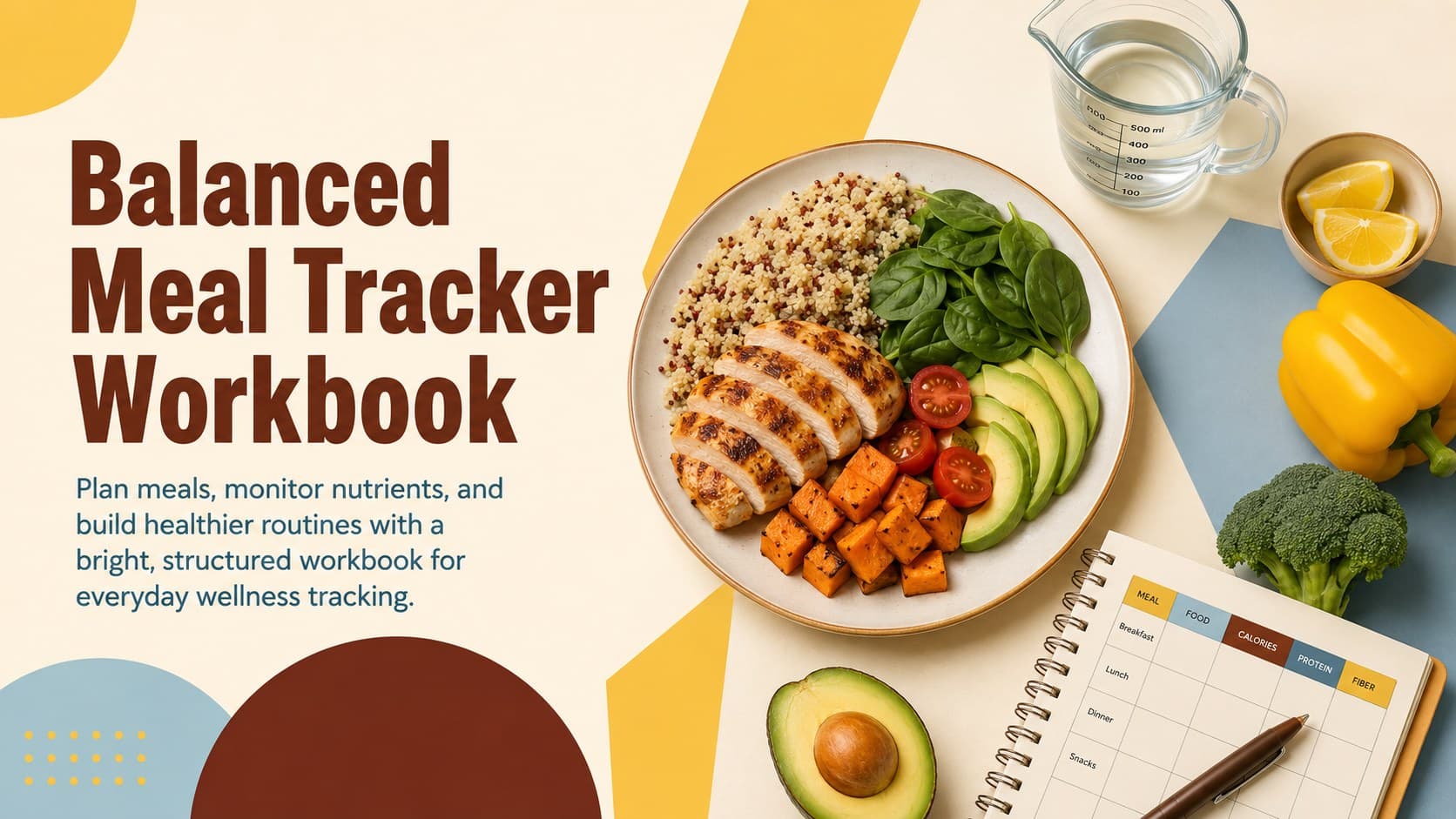Cover slide for a balanced meal tracker workbook with colorful nutrition and meal planning visuals.