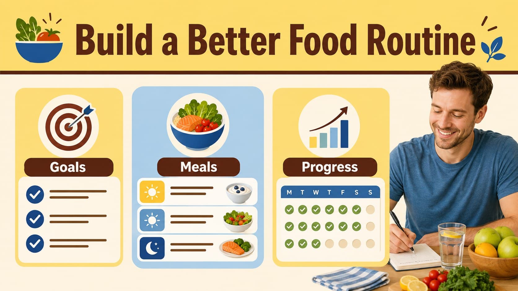 Nutrition workbook overview slide showing wellness goals and a structured meal planning dashboard.